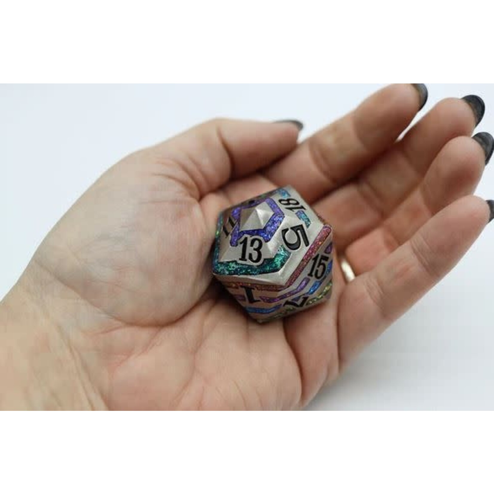 Foam Brain Metal Dice: 35mm Metal D20 - Silver with Rainbow Mica