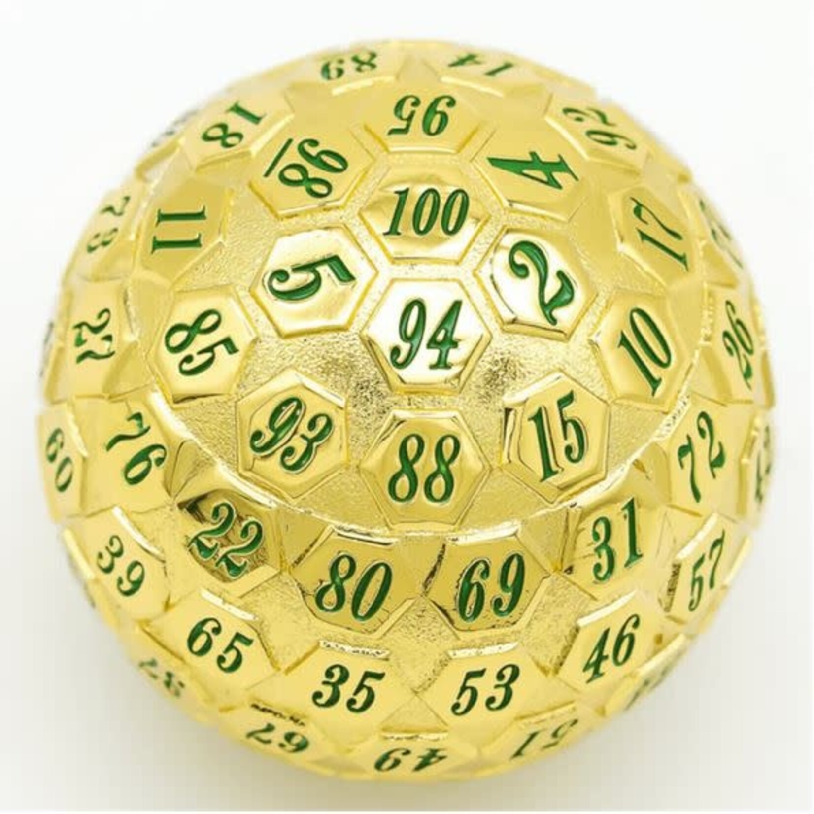 Foam Brain Metal Dice: 45mm Solid Metal D100 - Gold with Green