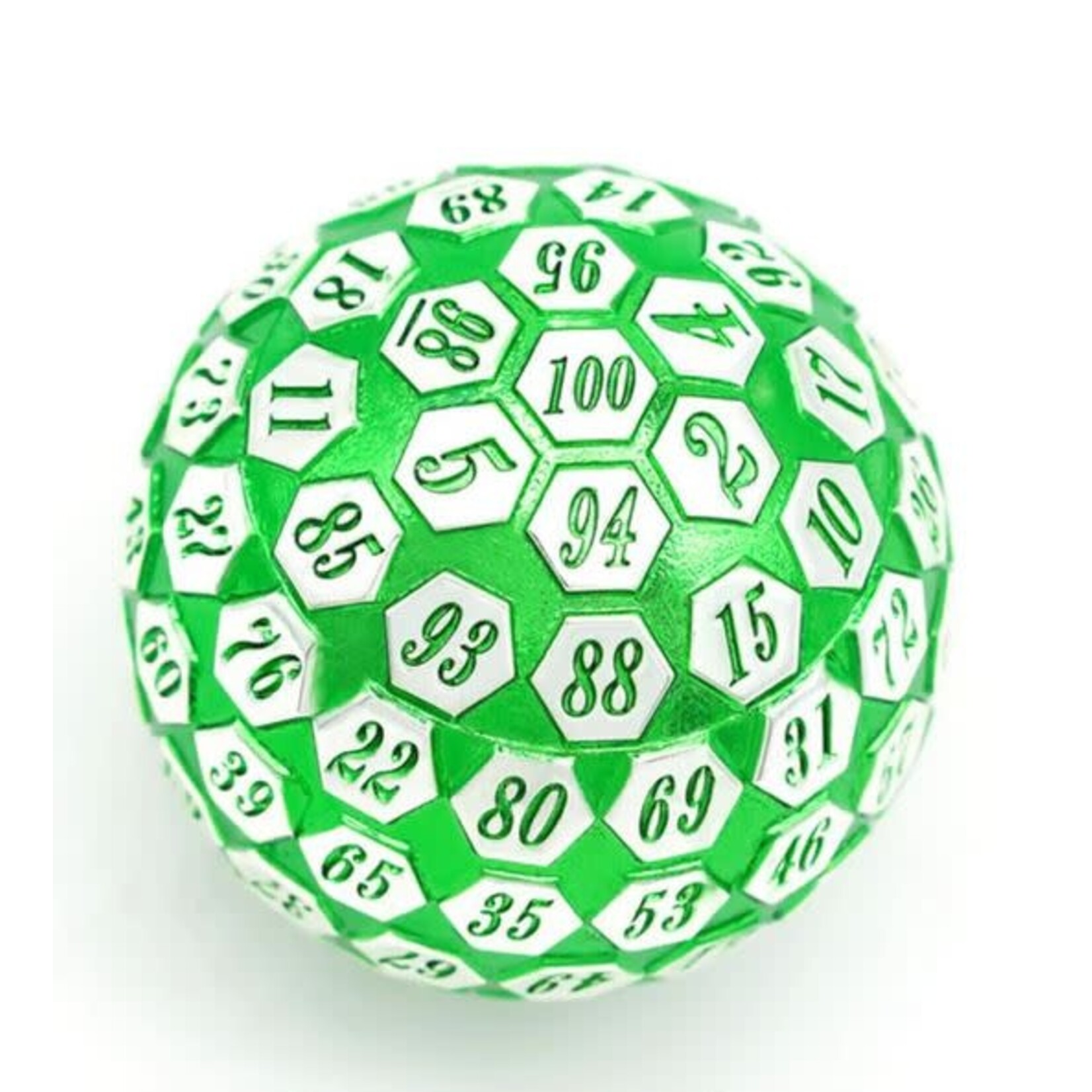 Foam Brain Metal Dice: 45mm Solid Metal D100 - Green & Silver