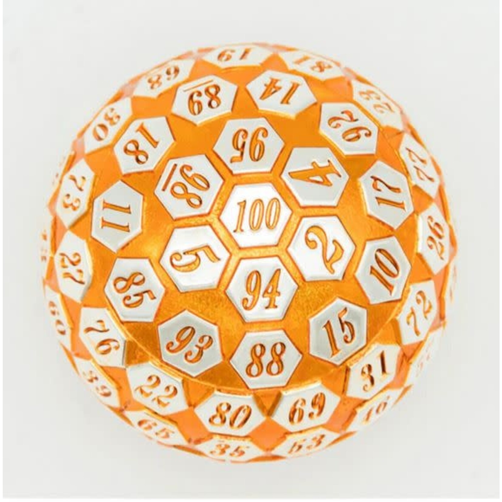 Foam Brain Metal Dice: 45mm Solid Metal D100 - Orange & Silver
