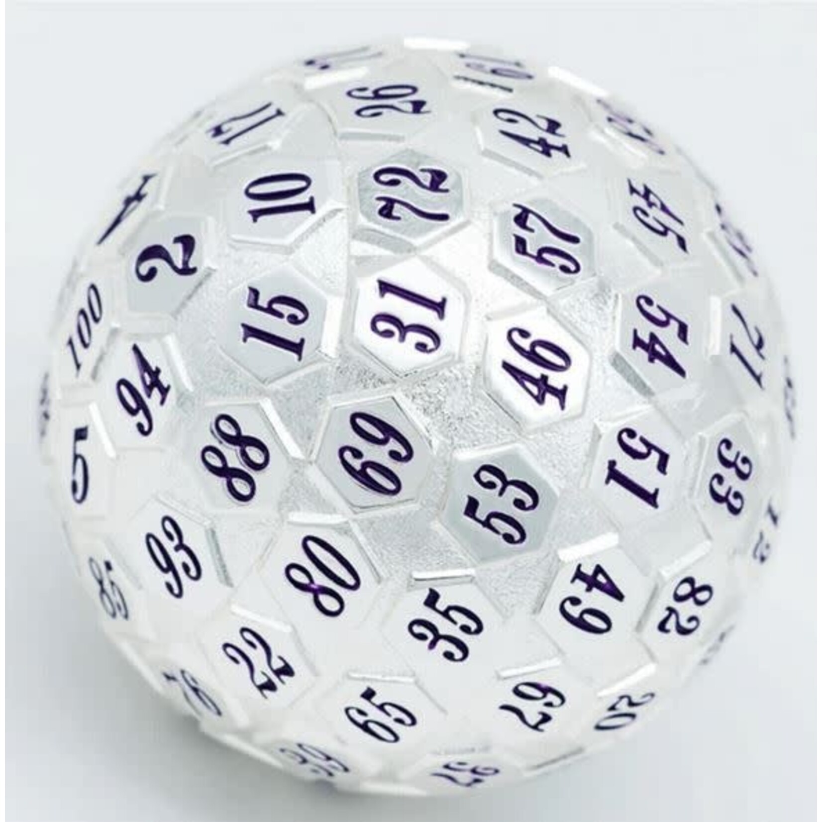 Foam Brain Metal Dice: 45mm Solid Metal D100 - Platinum with Purple