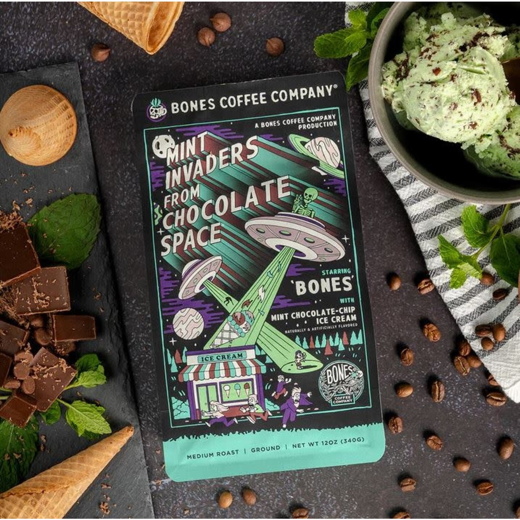 Bones Coffee Bones Coffee: Mint Invaders 12 oz Ground Coffee