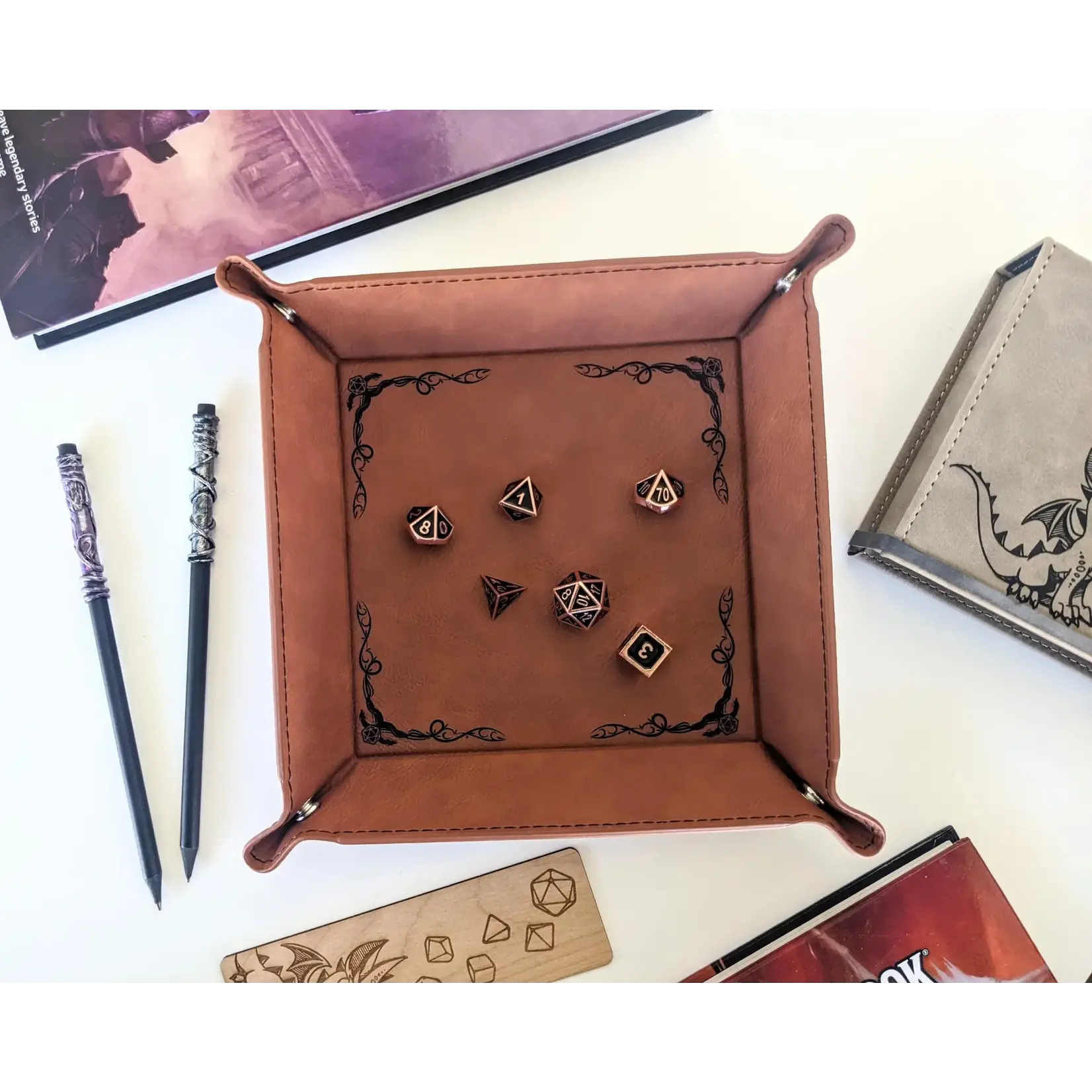 Vegan Leather Dice Tray: Dragon Border - Chestnut