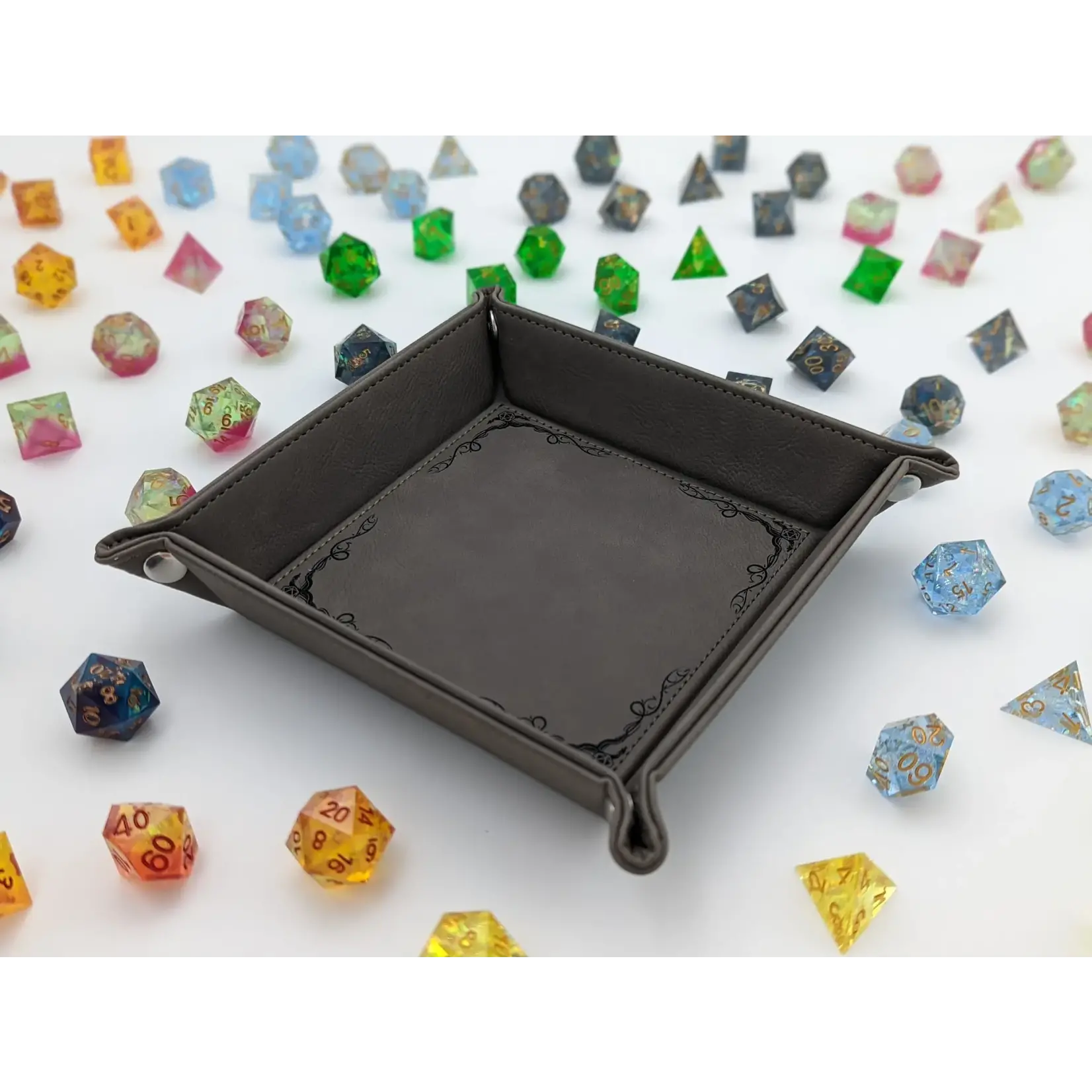 Vegan Leather Dice Tray: Dragon Border - Grey