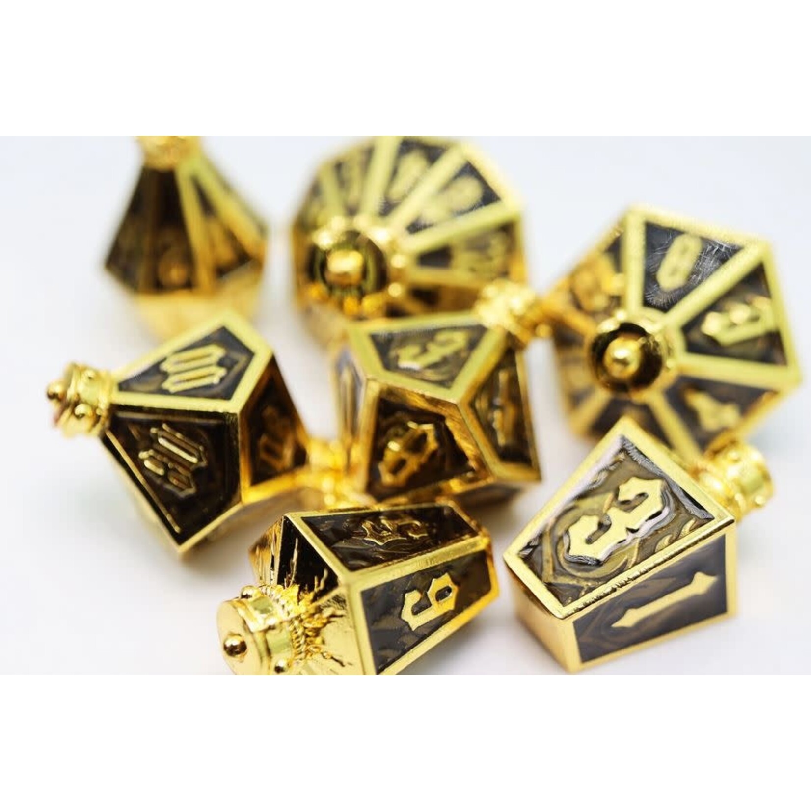 Foam Brain Metal Dice: Moonlit Lantern - Golden Earthen Flame | RPG Dice Set