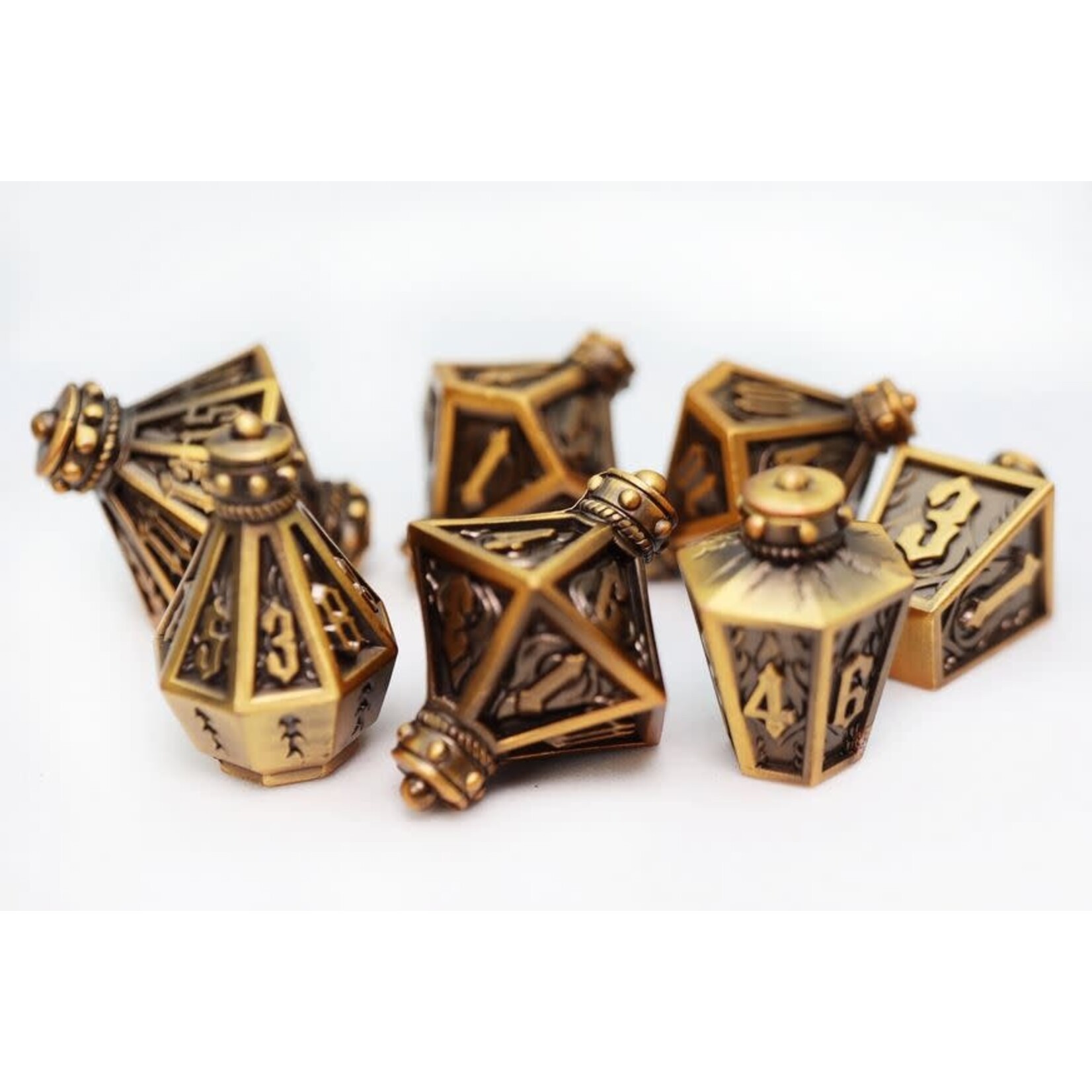 Foam Brain Metal Dice: Moonlit Lantern - Golden Flames | RPG Dice Set