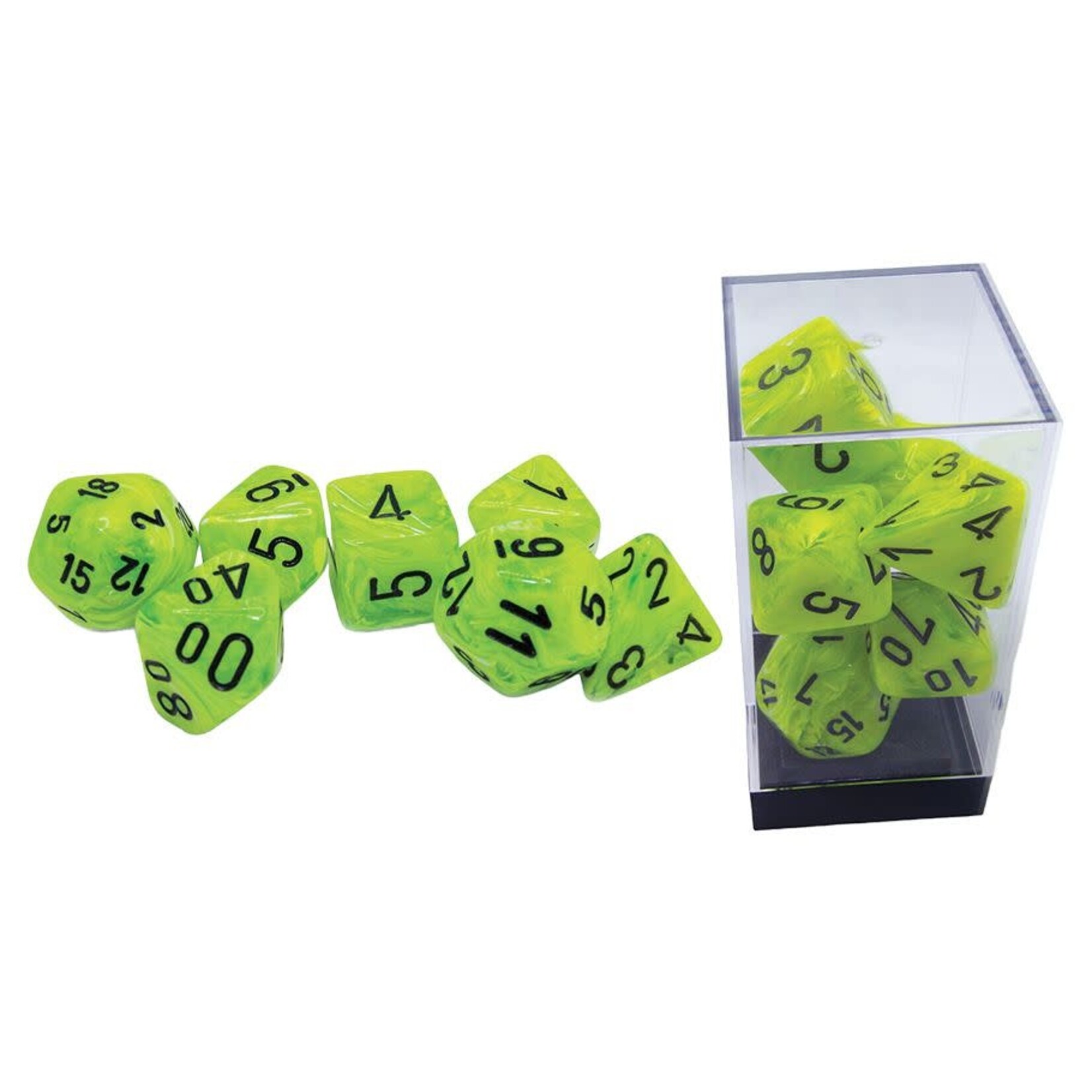 7-Set Mega Hedrals: Marble Vortex Bright Green/Black Polyhedral Dice Set