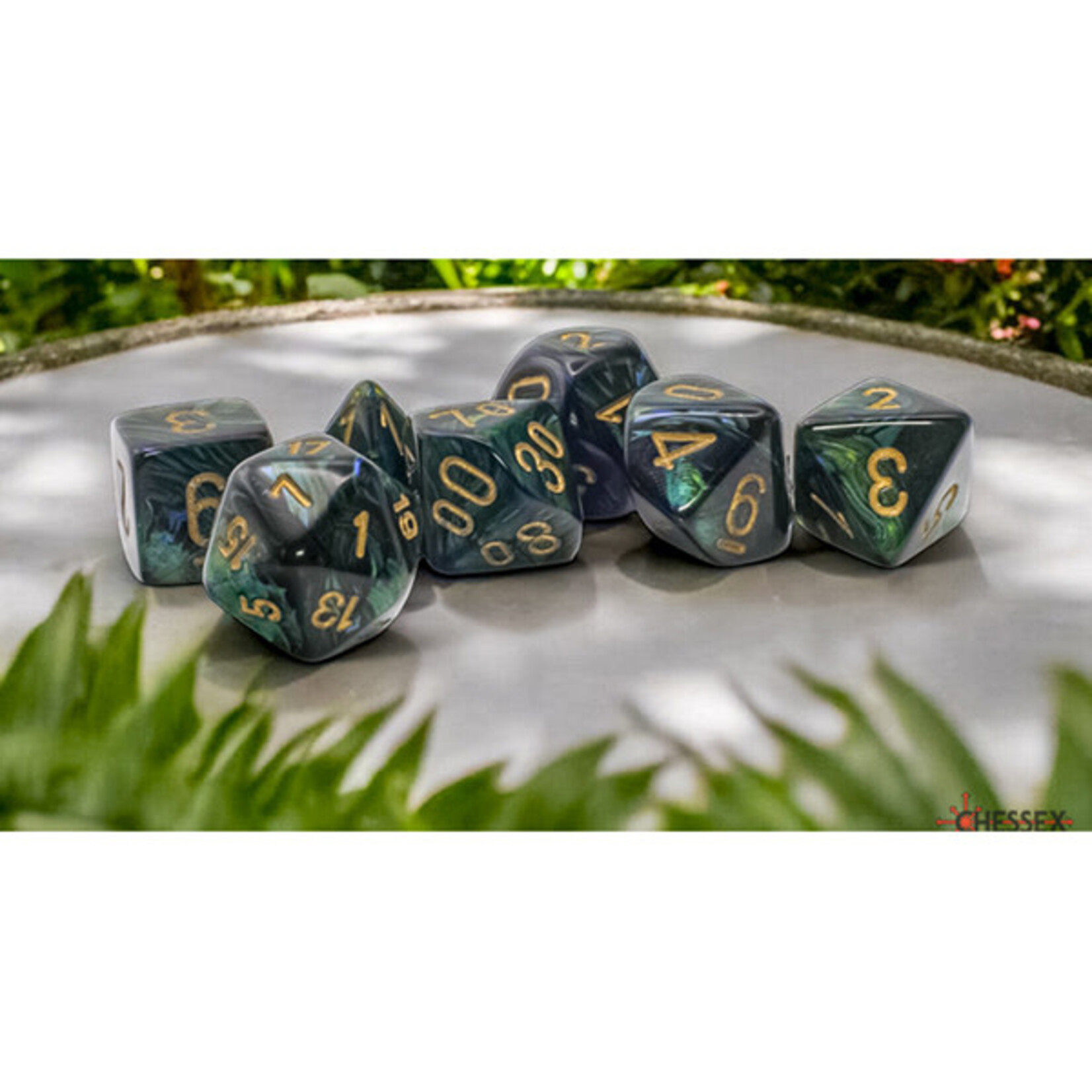 7-Set Mega Hedrals: Marble Scarab Jade/Gold Polyhedral Dice Set