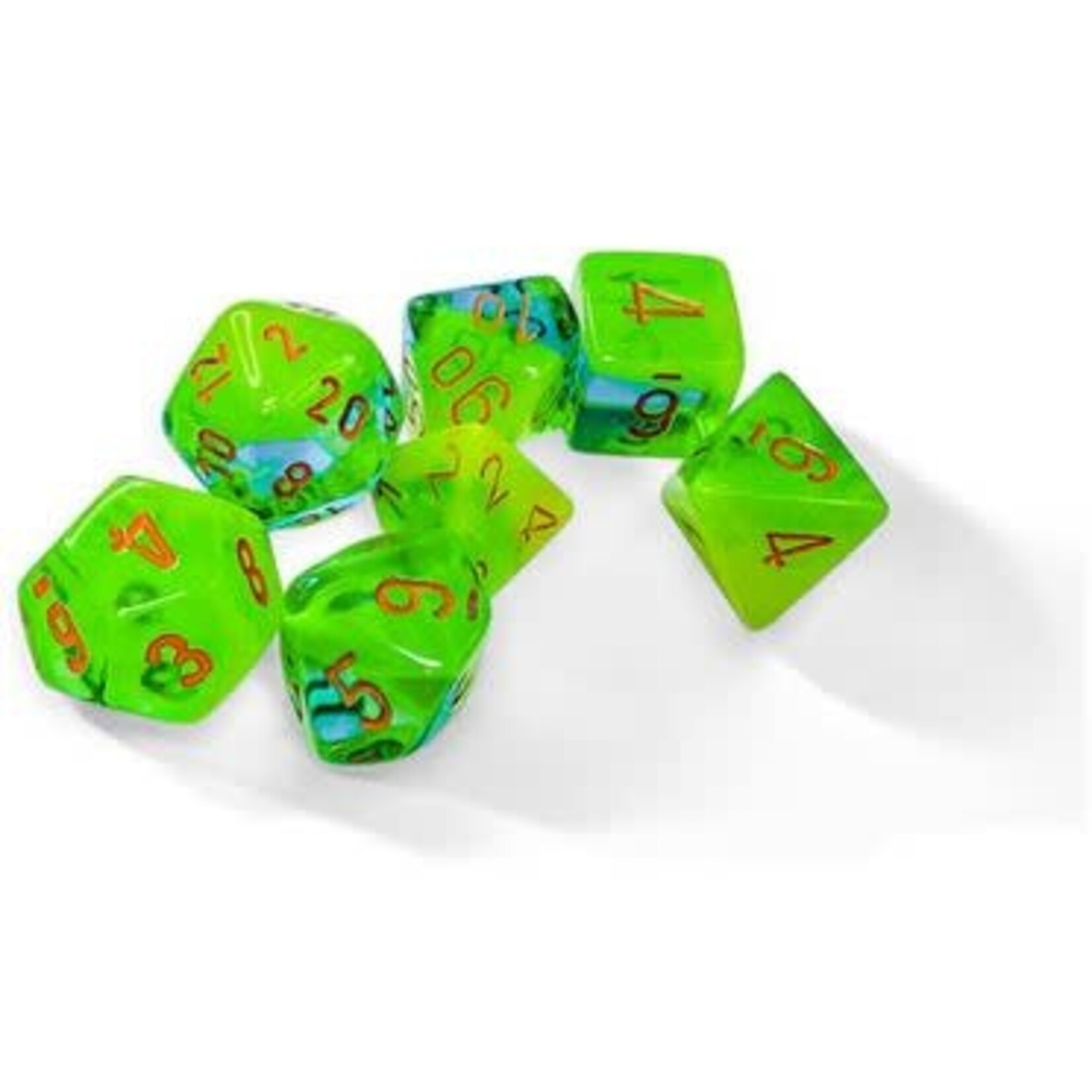 Chessex Gemini Dice: Plasma Green-Teal / orange Luminary | 7 Die Polyhedral Set | 26470