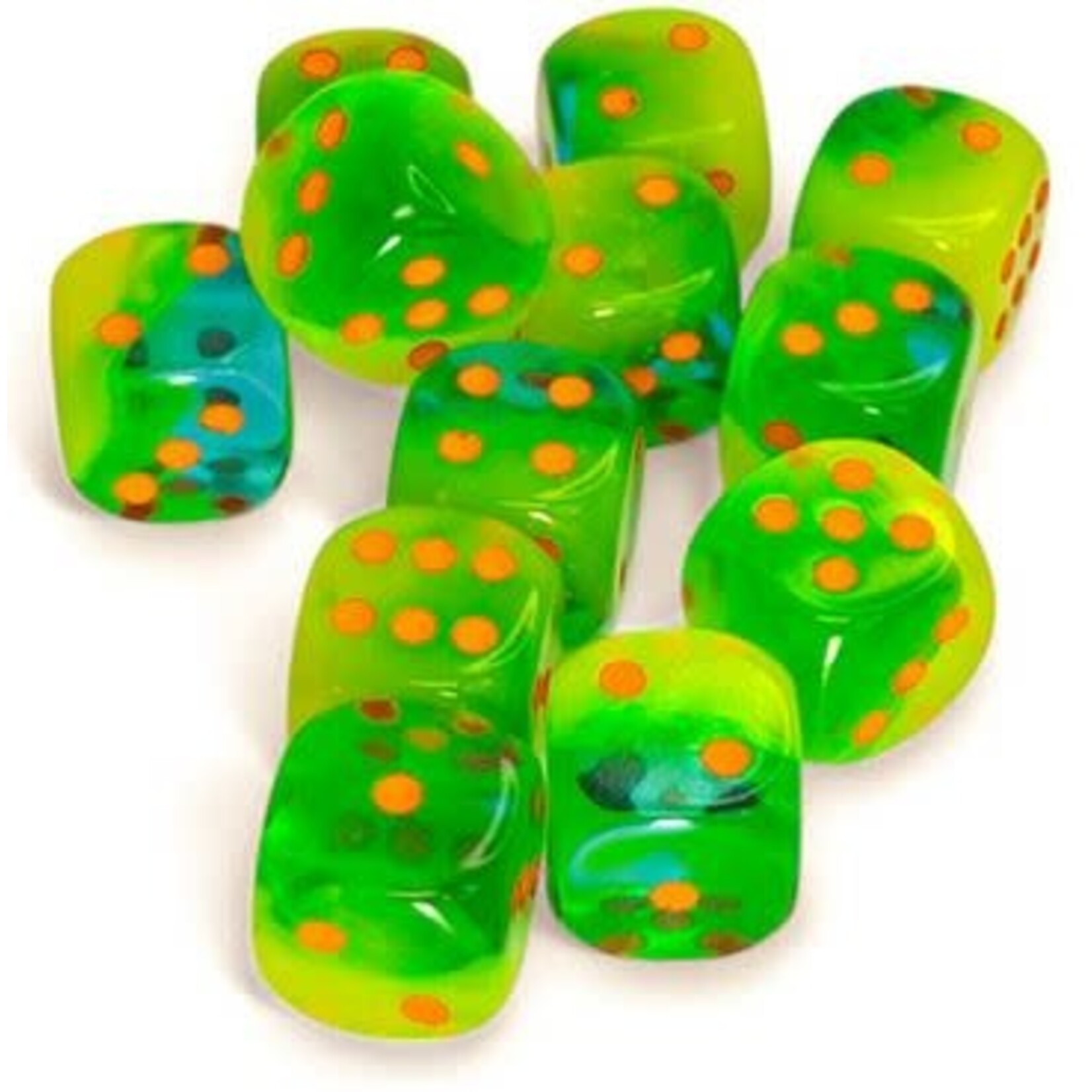 Chessex Gemini Dice: Plasma Green-Teal / orange Luminary | 16mm d6 12 Dice Block | 26670