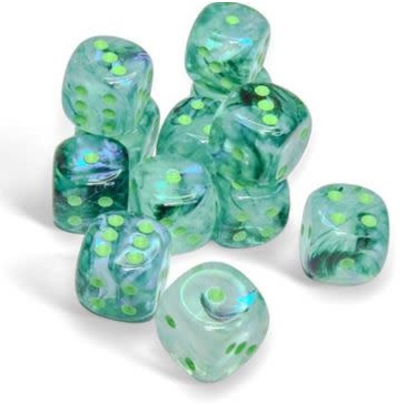 Chessex Borealis Dice: Kelp / light green Luminary | 16mm d6 12 Dice Block | 27795