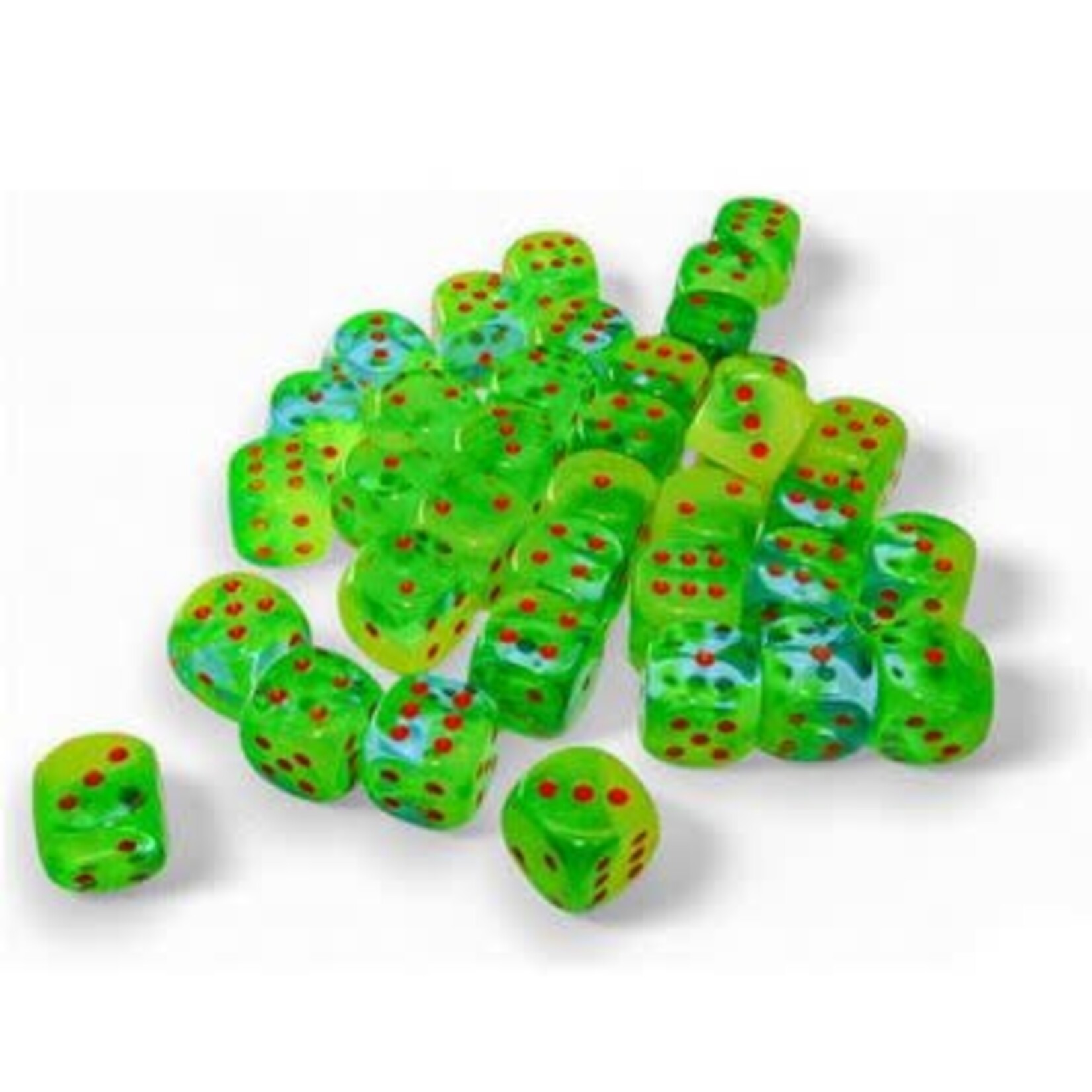 Chessex Gemini Dice: Plasma Green-Teal / orange Luminary | 12mm 36 Dice Block | 26870