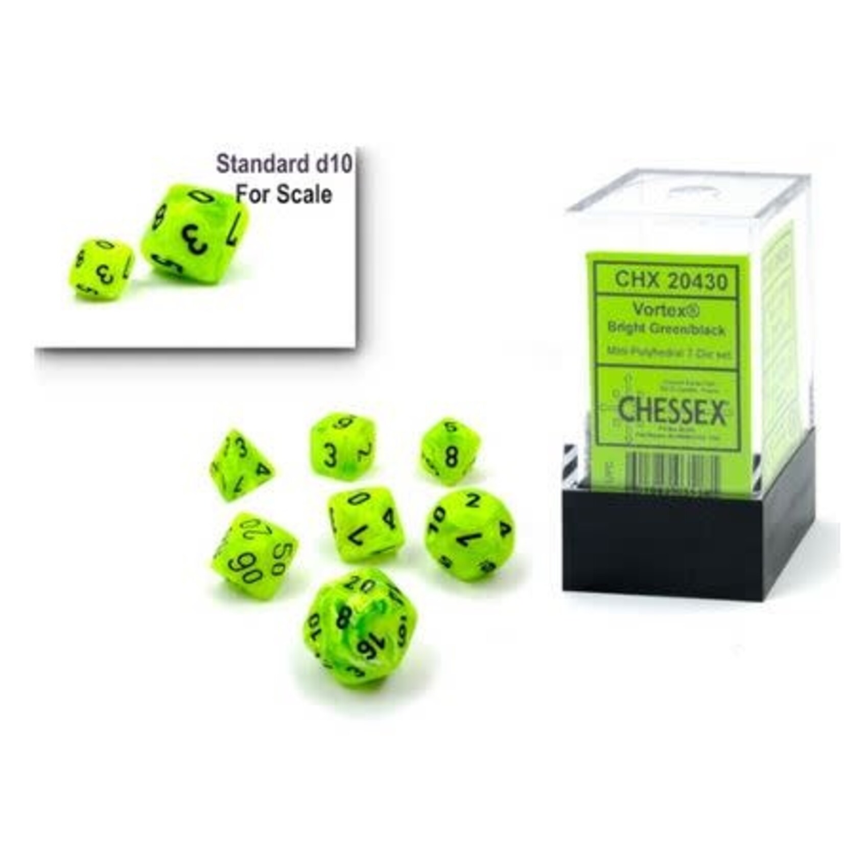 Chessex Mini Dice: Vortex Bright Green/Black | 7 Die Polyhedral Set | 20430