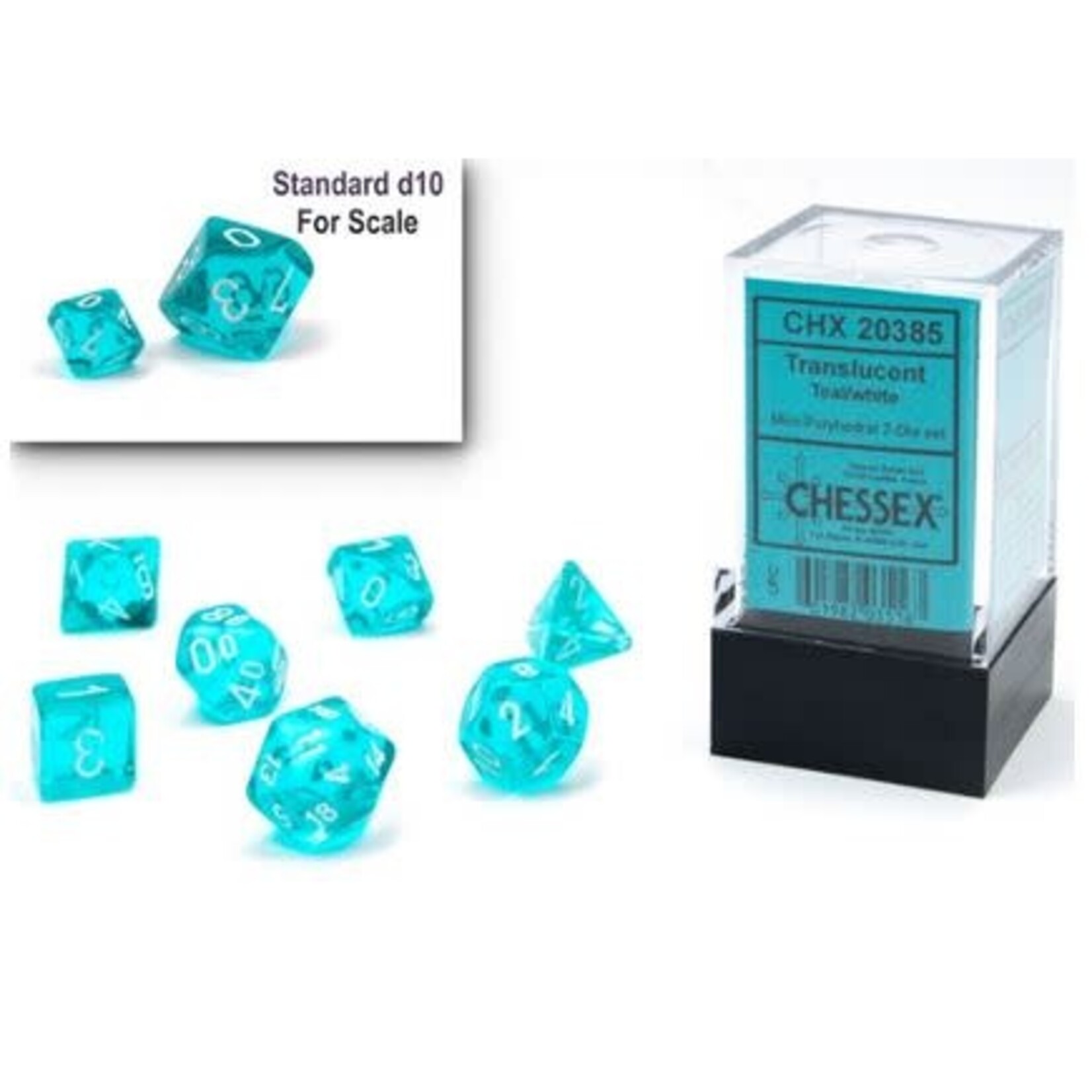 Chessex Mini Dice: Translucent Teal/White  | 7 Die Polyhedral Set | 20385