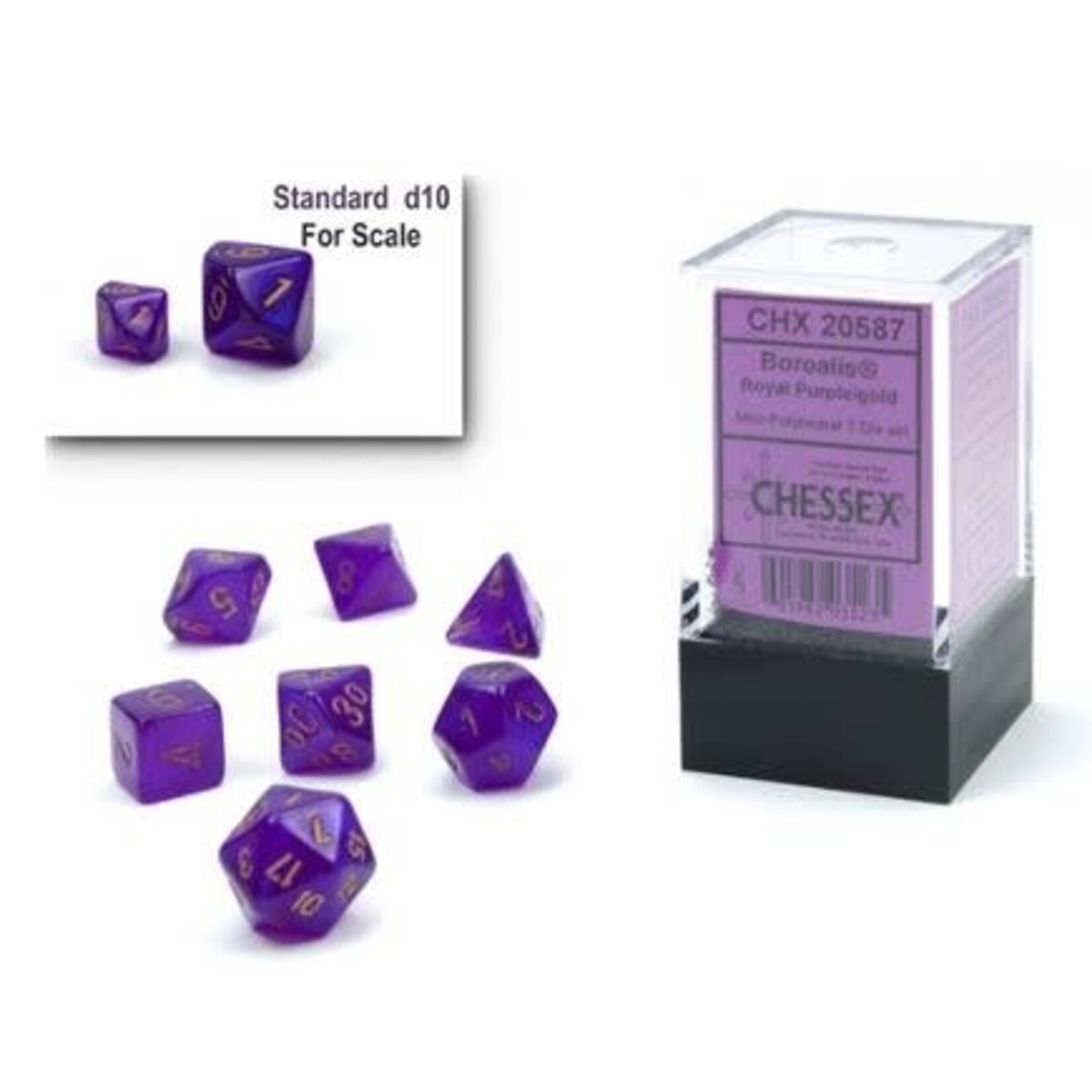 Chessex Mini Dice: Borealis Royal Purple/Gold | 7 Die Polyhedral Set | 20587