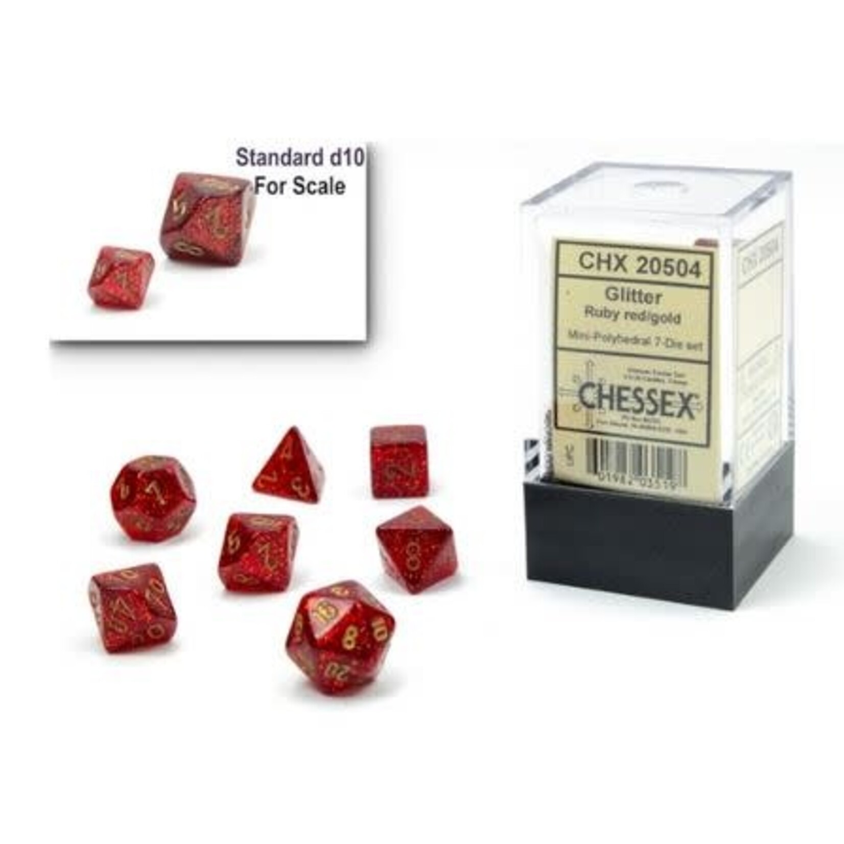 Chessex Mini Dice: Glitter Ruby Red/Gold | 7 Die Polyhedral Set | 20504