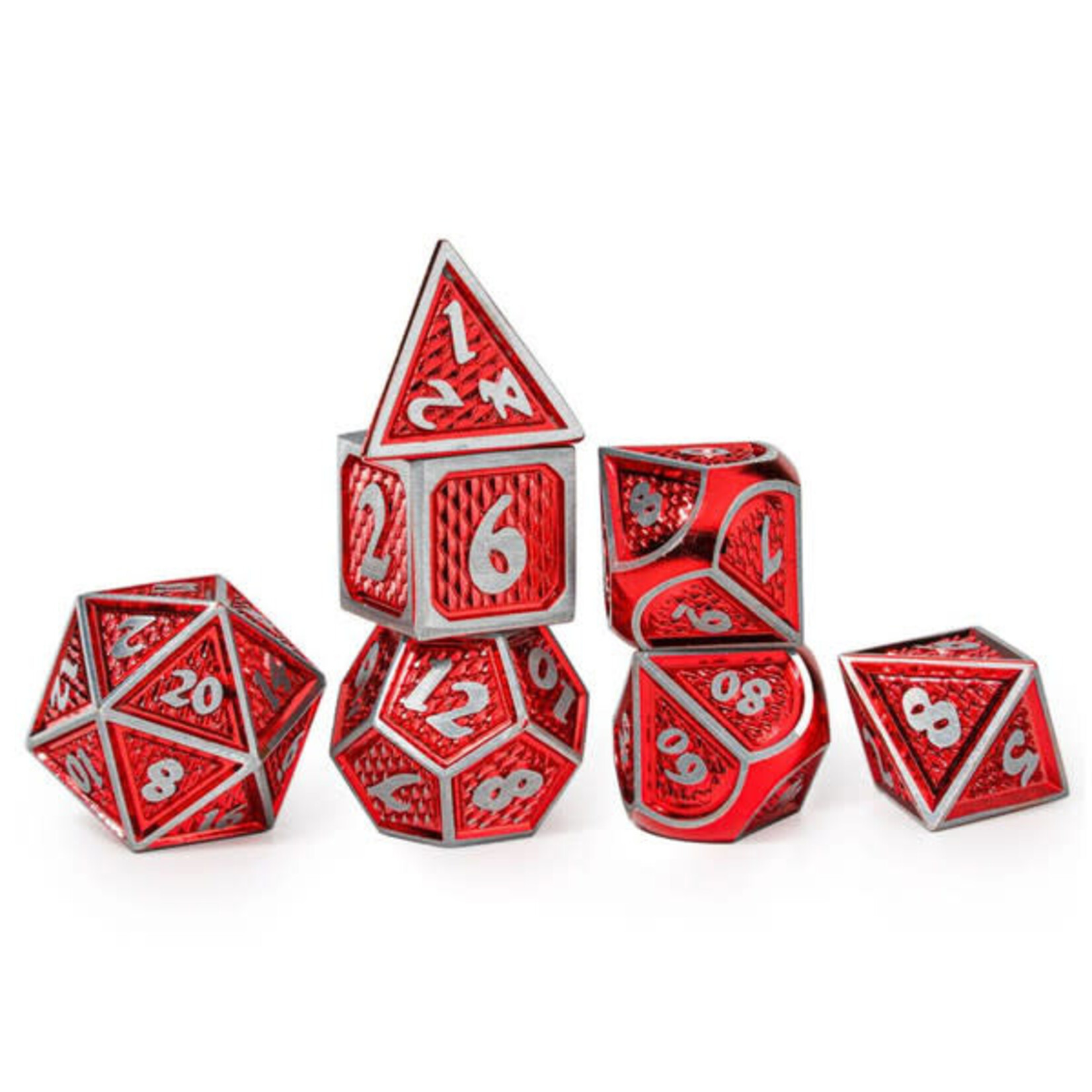 Solid Metal Behemoth Poyhedral 7 Die Set : Brushed Red with Silver