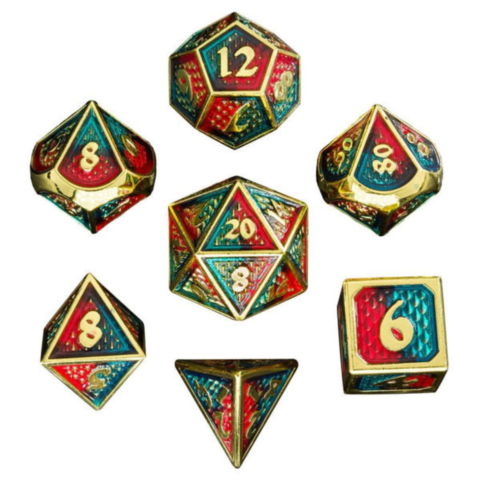 Solid Metal Behemoth Poyhedral 7 Die Set : Red/Blue with Gold