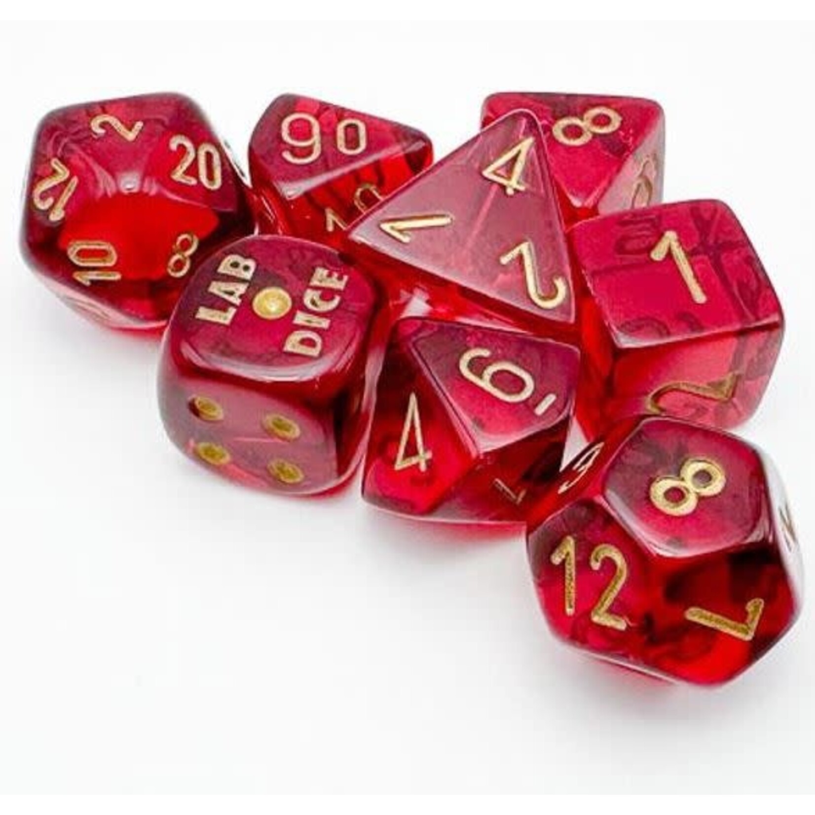 Chessex Lab Dice Series 7 - Translucent - Crimson w / Gold | 8 Die Polyhedral Set | 30058
