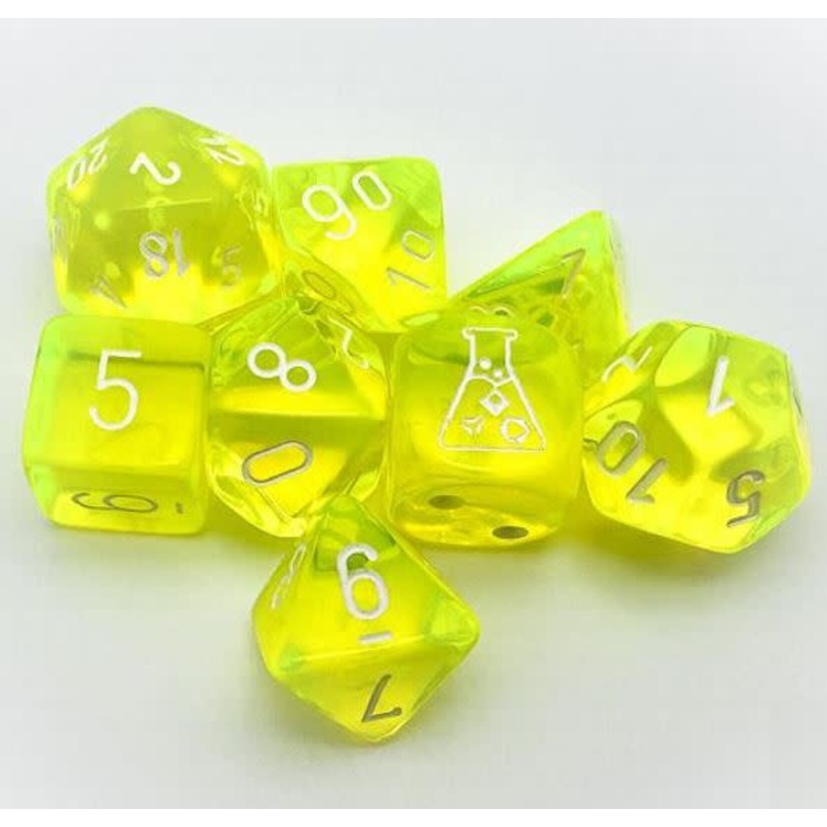 Chessex Lab Dice Series 7 - Translucent - Neon Yellow w / White | 8 Die Polyhedral Set | 30061