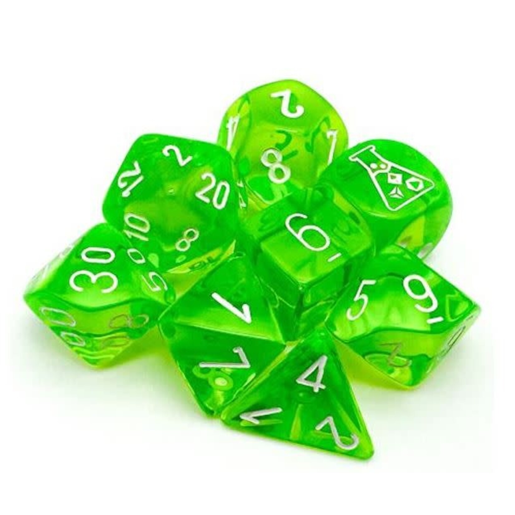 Chessex Lab Dice Series 7 - Translucent - Rad Green w / White | 8 Die Polyhedral Set | 30062