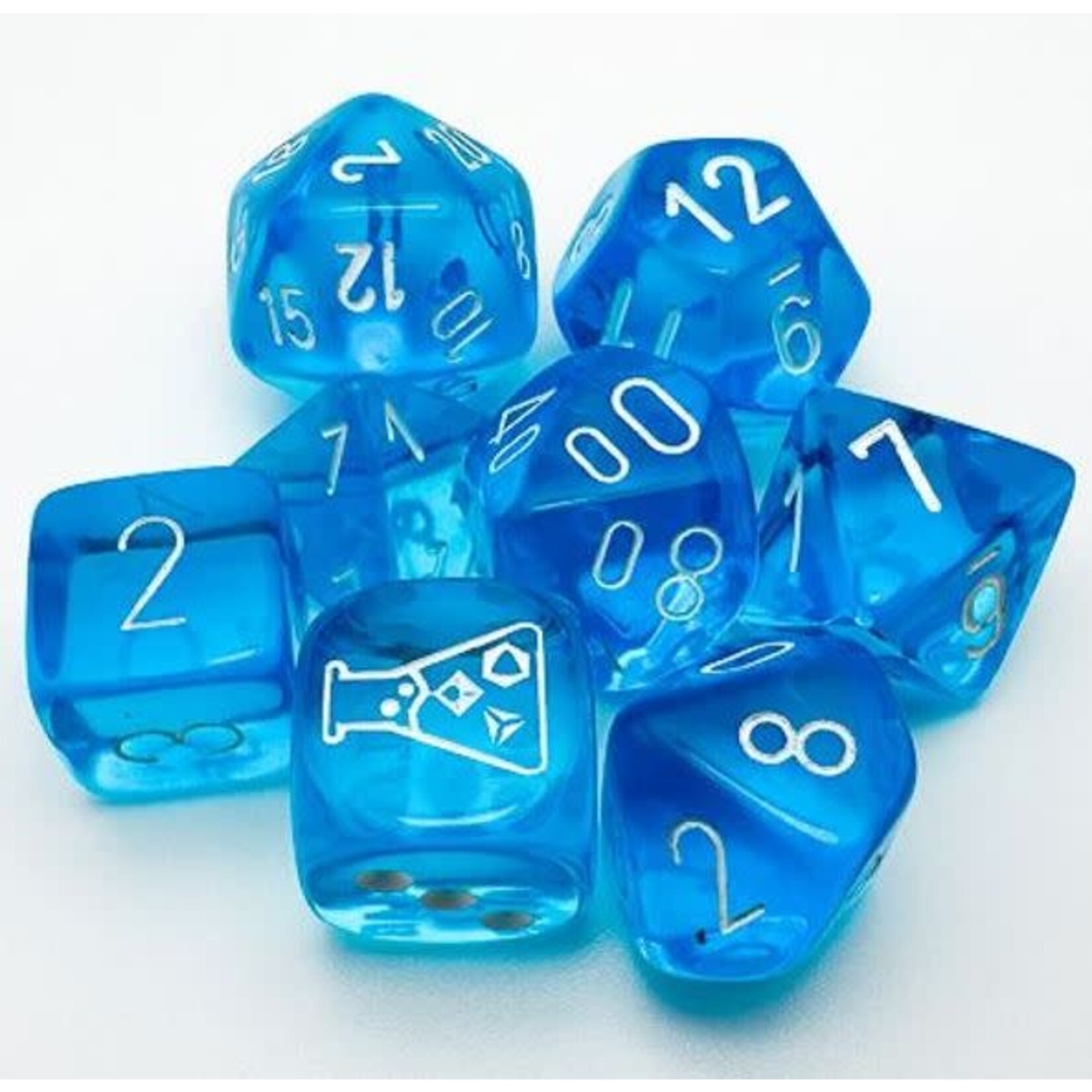 Chessex Lab Dice Series 7 - Translucent - Tropical Blue w / White | 8 Die Polyhedral Set | 30063
