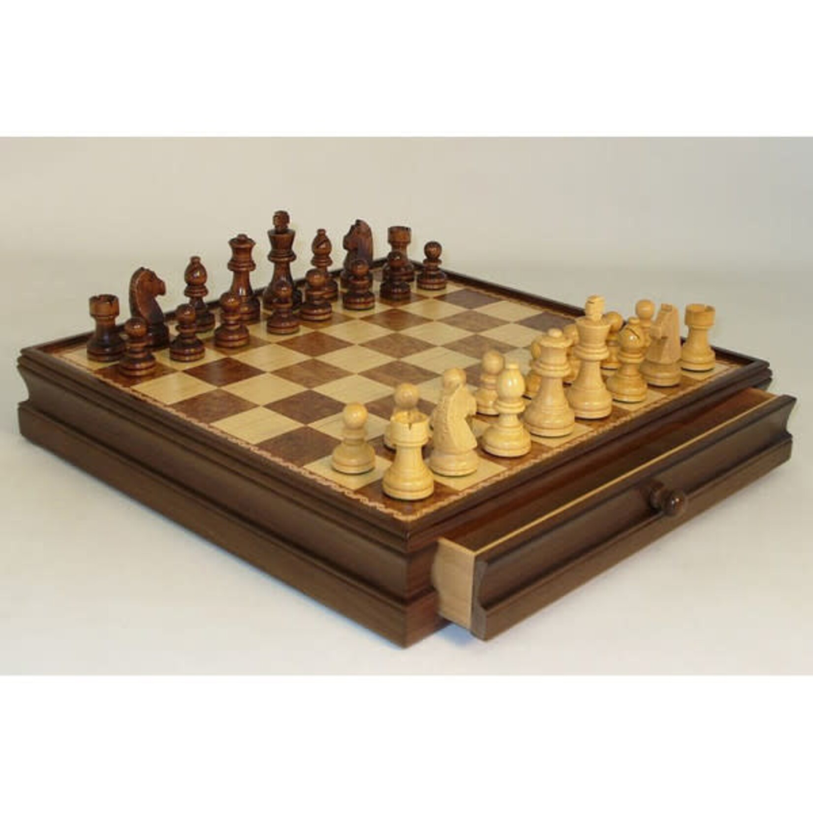 Chess Set - 15in Walnut-Maple Wood with Drawer
