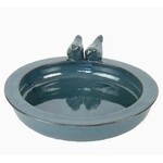 Ceramic Bird Bath with Perched Birds - Petrol Blue Glaze