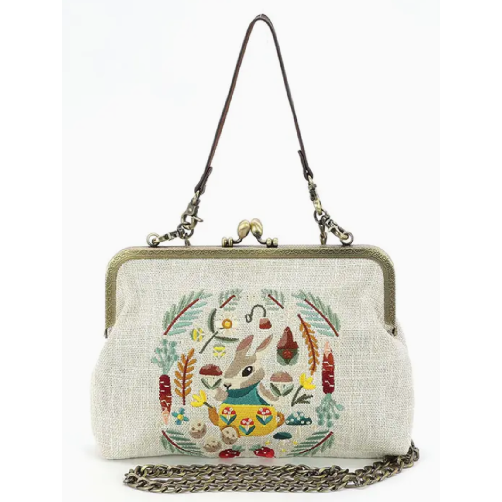 Handbag - Vintage Kisslock Embroidered Bunny - Linen