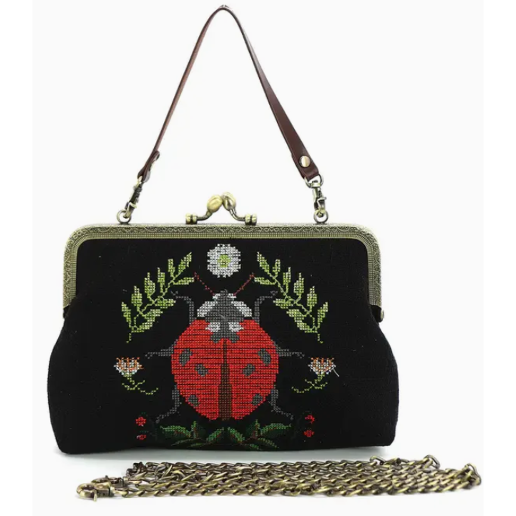 Handbag - Vintage Kisslock Embroidered Lady Bug