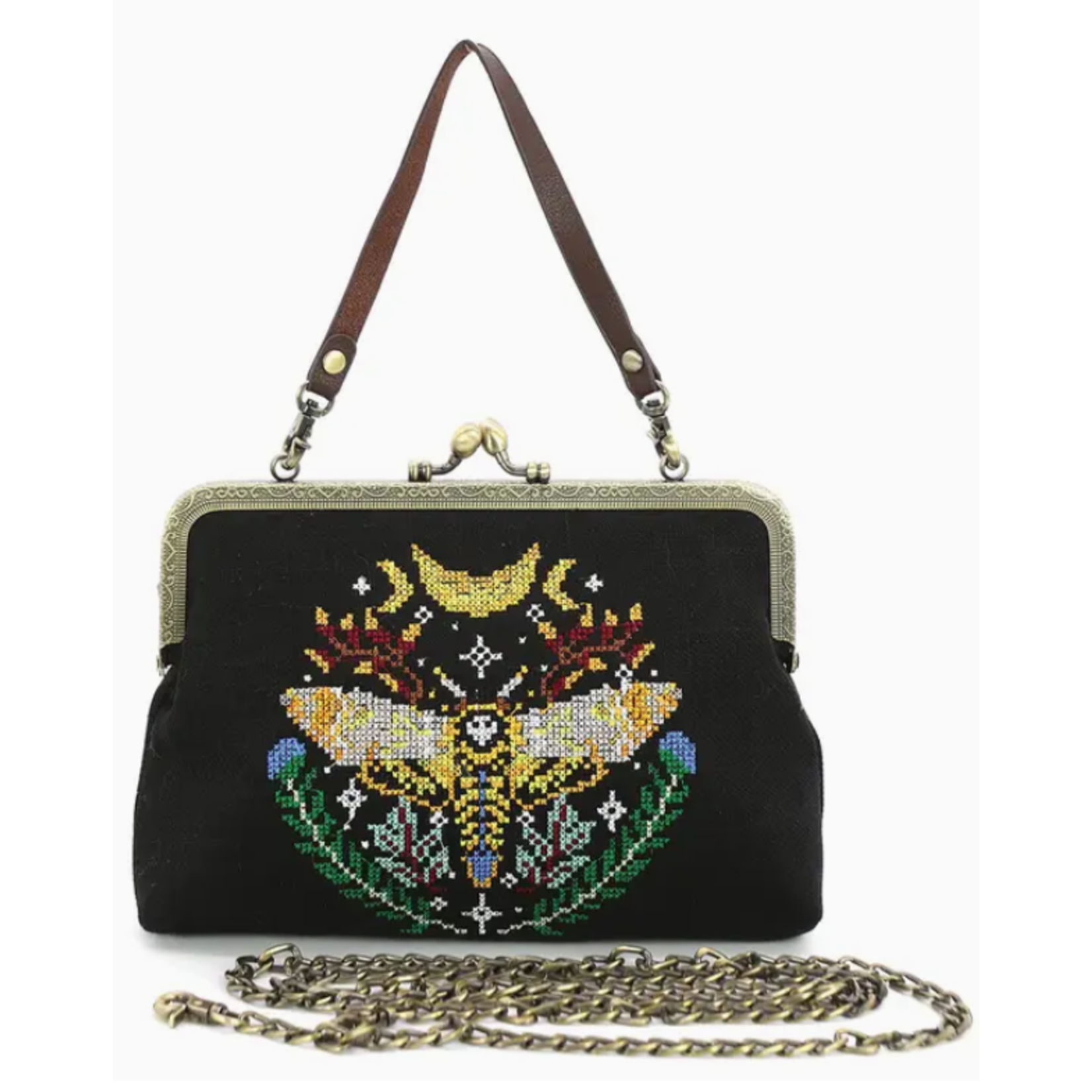 Handbag - Vintage Kisslock Embroidered Skull Head Moth