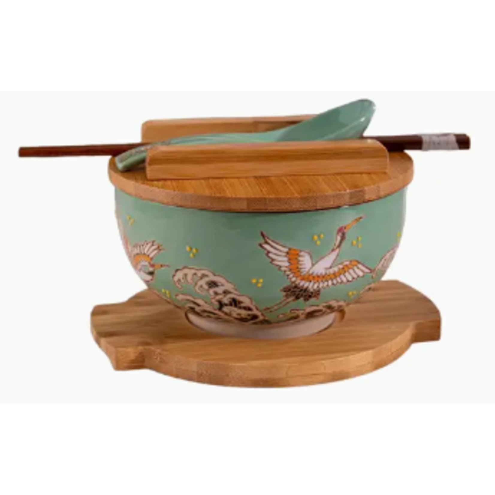 Bowl with Chopsticks Spoon Lid and Trivet Set - Japanese Crane
