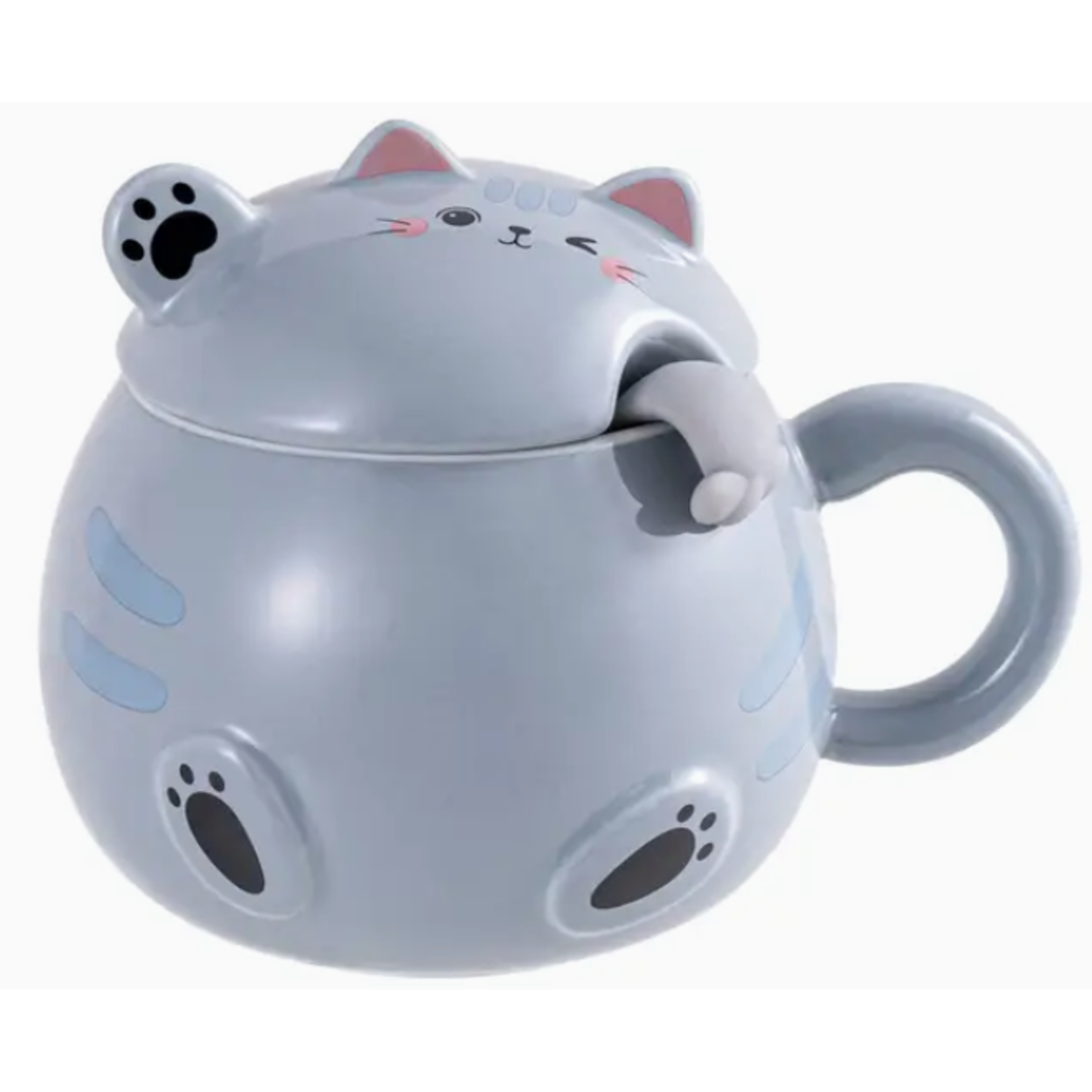 Mug - Stoneware Whimsy Cat with Lid and Spoon - 15oz - Gray