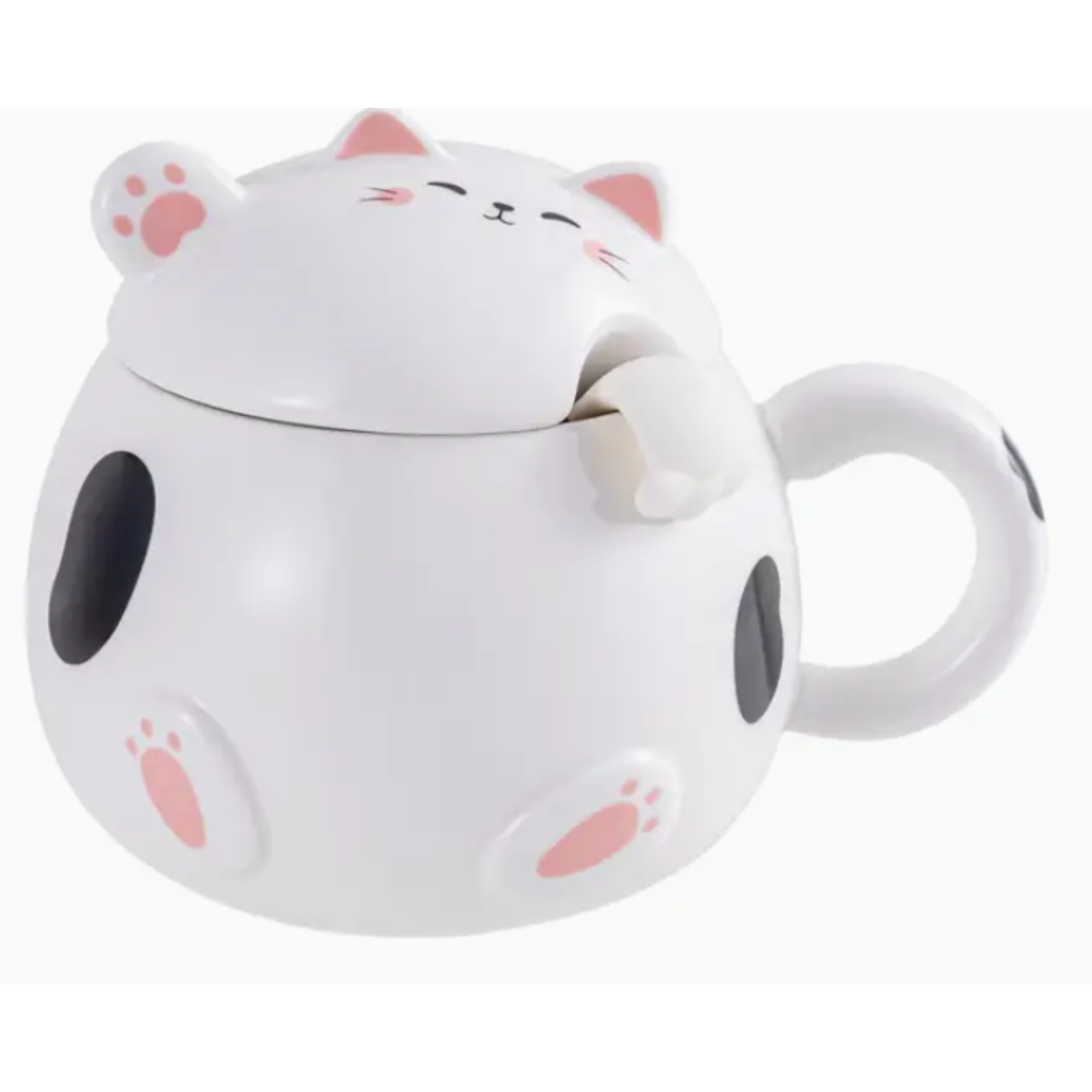 Mug - Stoneware Whimsy Cat with Lid and Spoon - 15oz - White