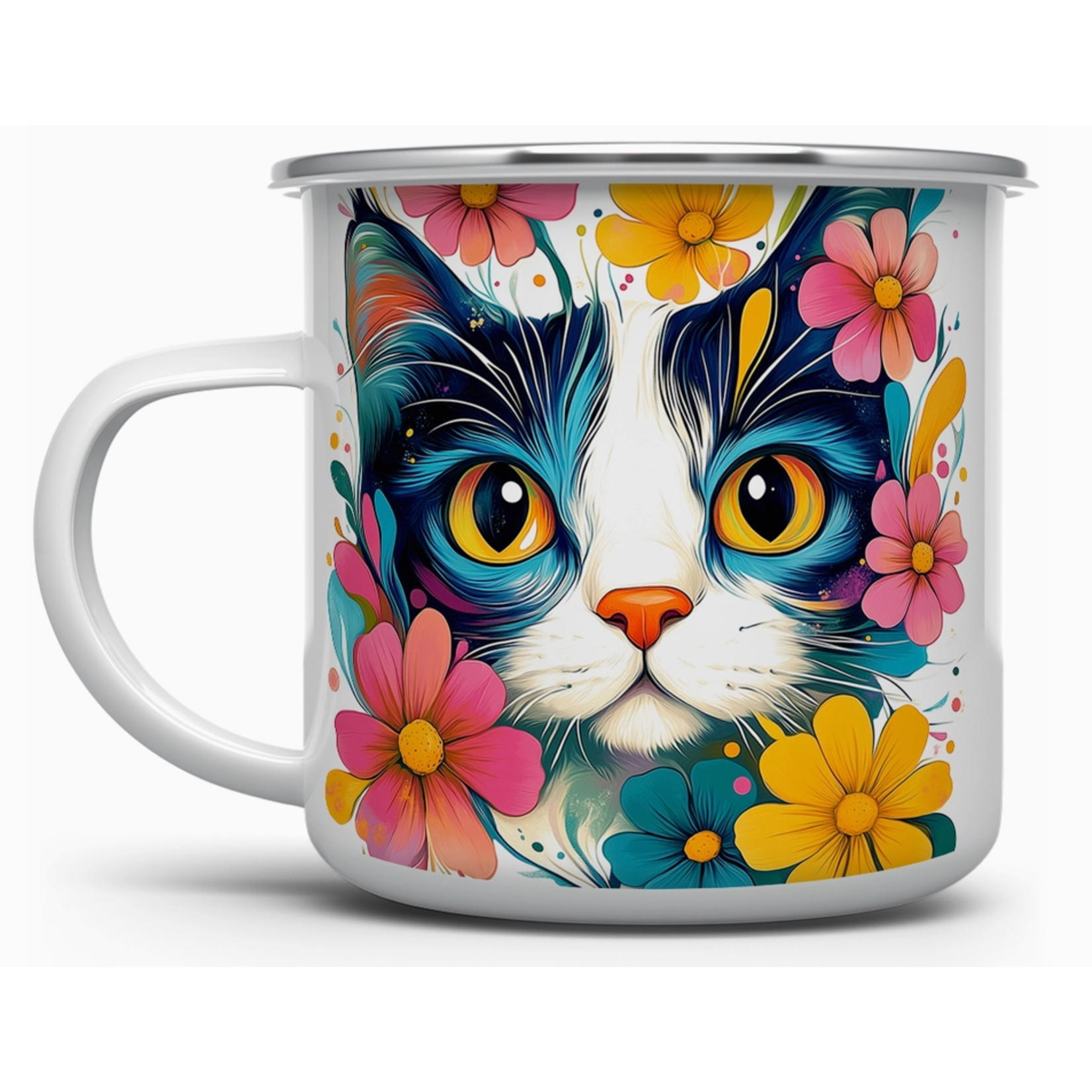 Camp Mug - Enamel Floral Cat - 16oz