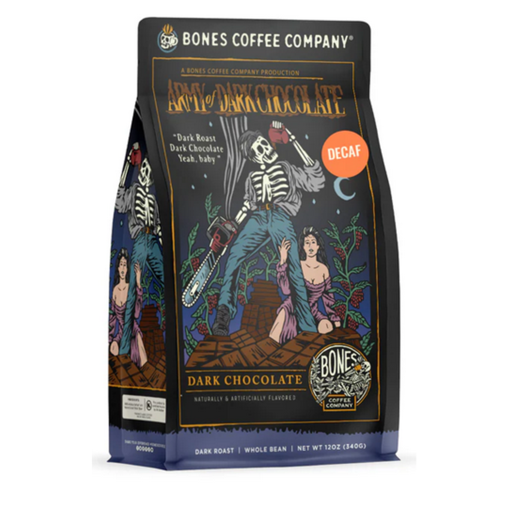 Bones Coffee: Decaf Army of Dark Chocolate 12oz Whole Bean Coffee