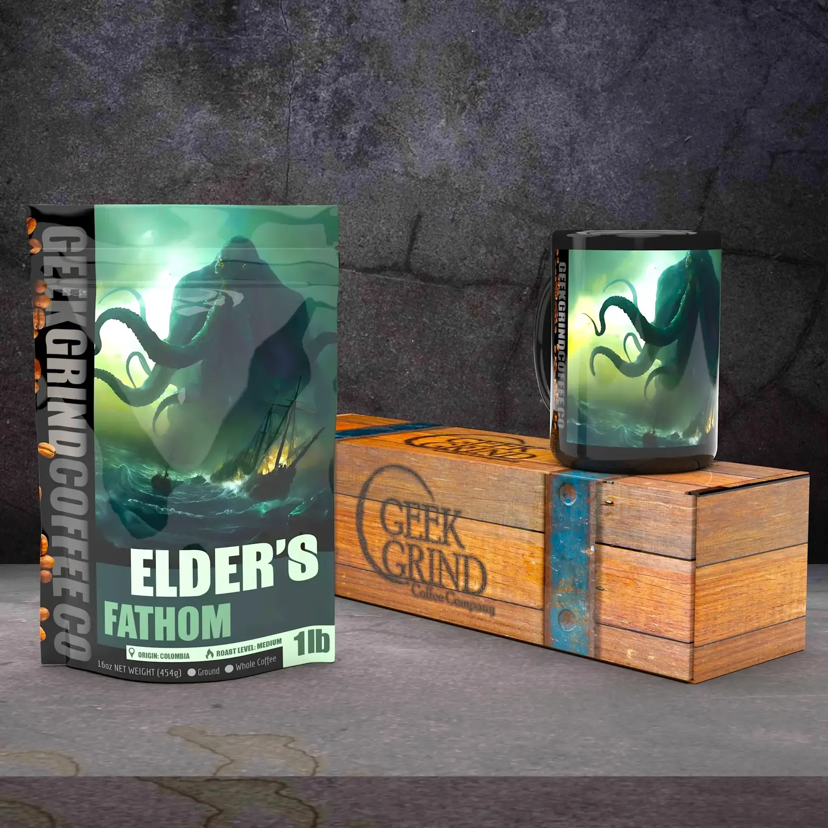 Coffee Gift Crate - Elder's Fathom Coffee Mug and 1lb Bag Medium Dark Roast Ground Coffee