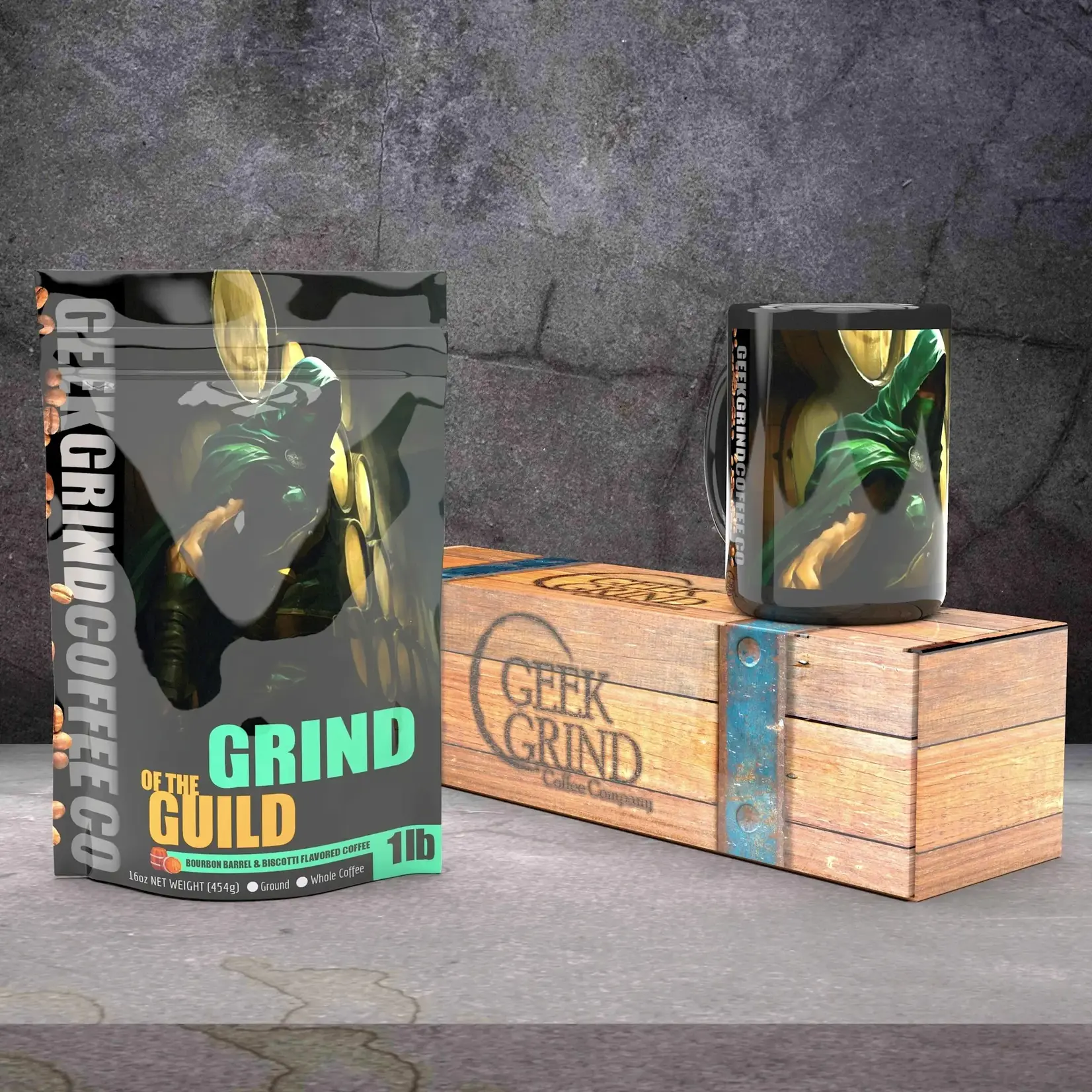 Coffee Gift Crate - Grind of the Guild Coffee Mug and 1lb Bag Orange Bourbon Biscotti Ground Coffee