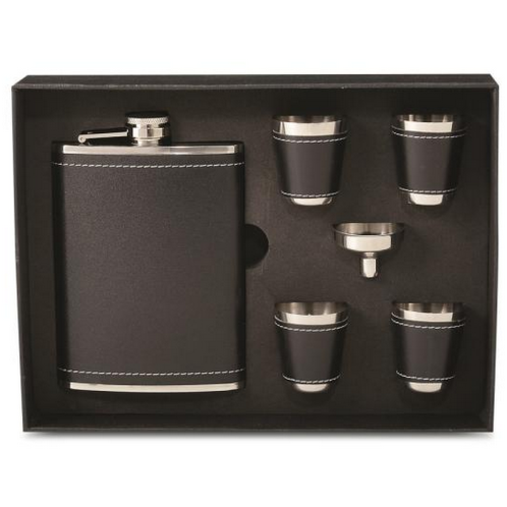 Wrap-Art Inc Flask Gift Set - Stainless Steel and Black Faux Leather