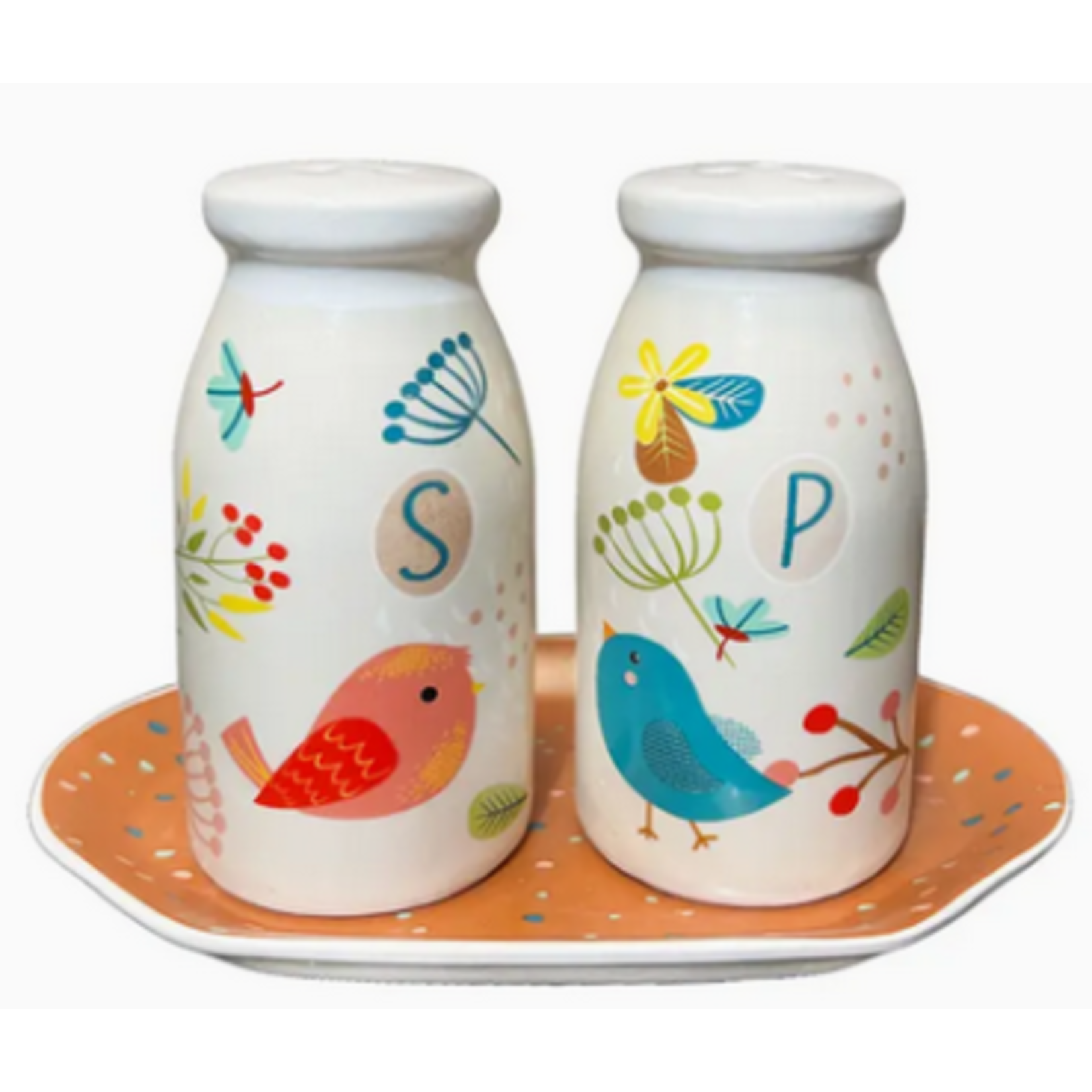 Salt and Pepper Shaker Set -  Birds of Happiness with Plate