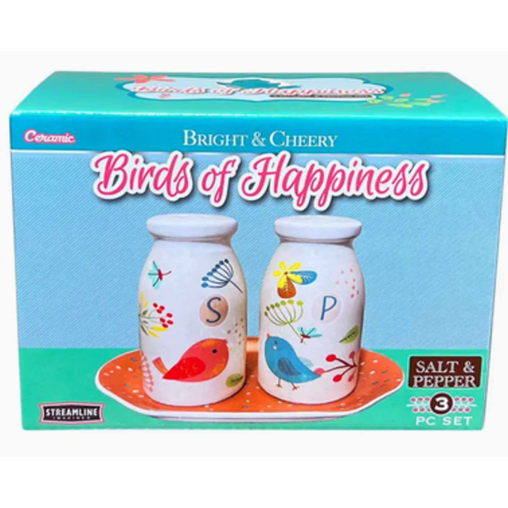 Salt and Pepper Shaker Set -  Birds of Happiness with Plate