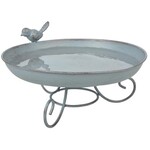 Aged Metal Standing Bird Bath with Perched Bird – Rustic Grey Finish