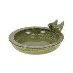 Ceramic Bird Bath with Perched Birds - Moss Green Glaze