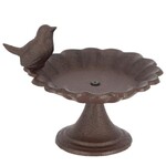 Fluted Cast Iron Pedestal Bird Bath with Perched Bird – Rustic Brown Finish