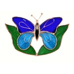 Stained Glass Dark & Light Blue Butterfly and Leaves Suncatcher