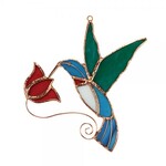 Stained Glass Hummingbird with Red Flower Suncatcher
