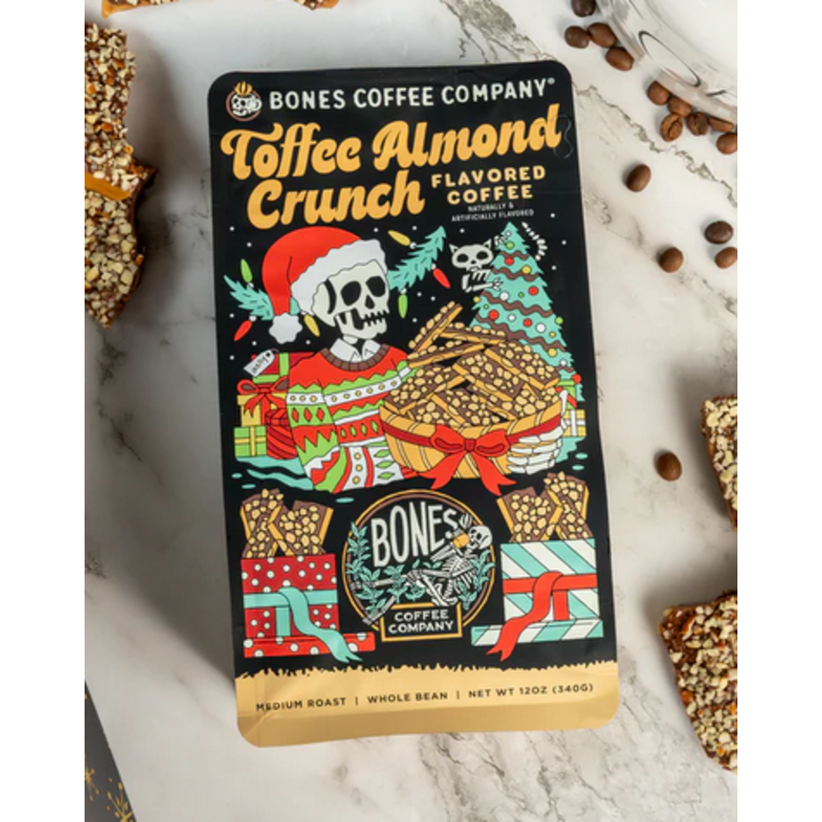 Bones Coffee: Toffee Almond Crunch 12oz Ground Coffee