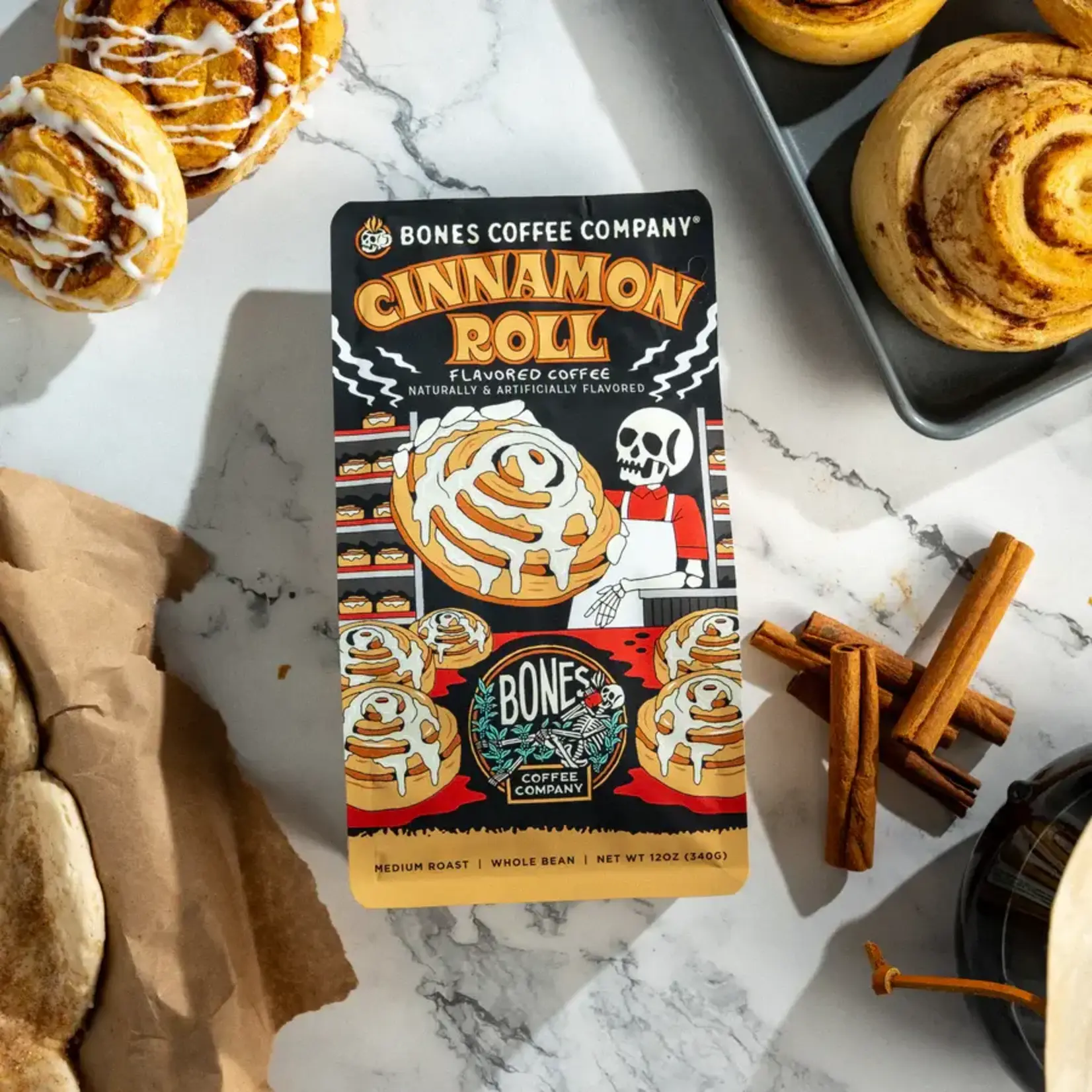 Bones Coffee: Cinnamon Roll 12oz Ground Coffee