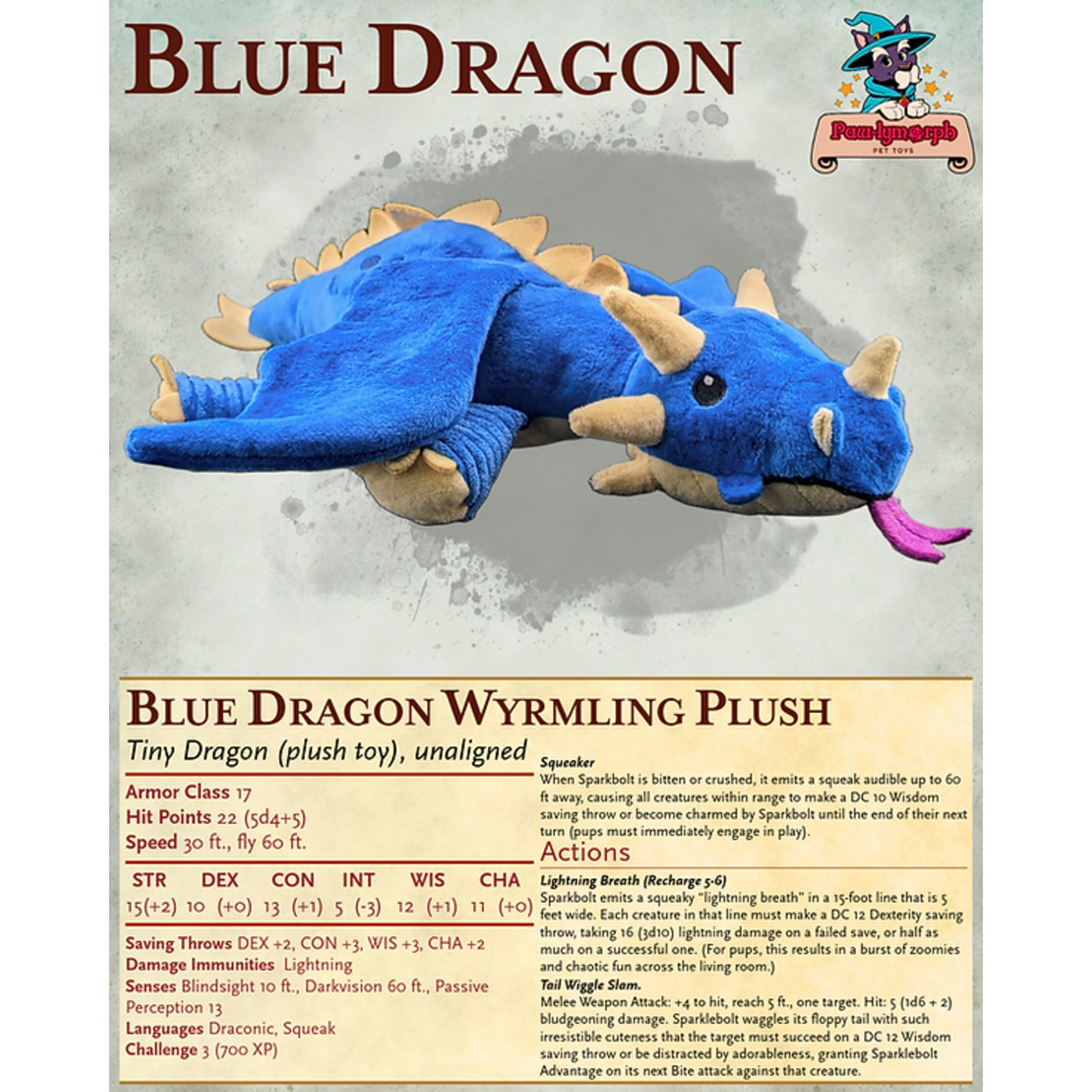 Pawlymorph Pet Toy - Sparkbolt – Blue Dragon Wyrmling Plush Pet Toy