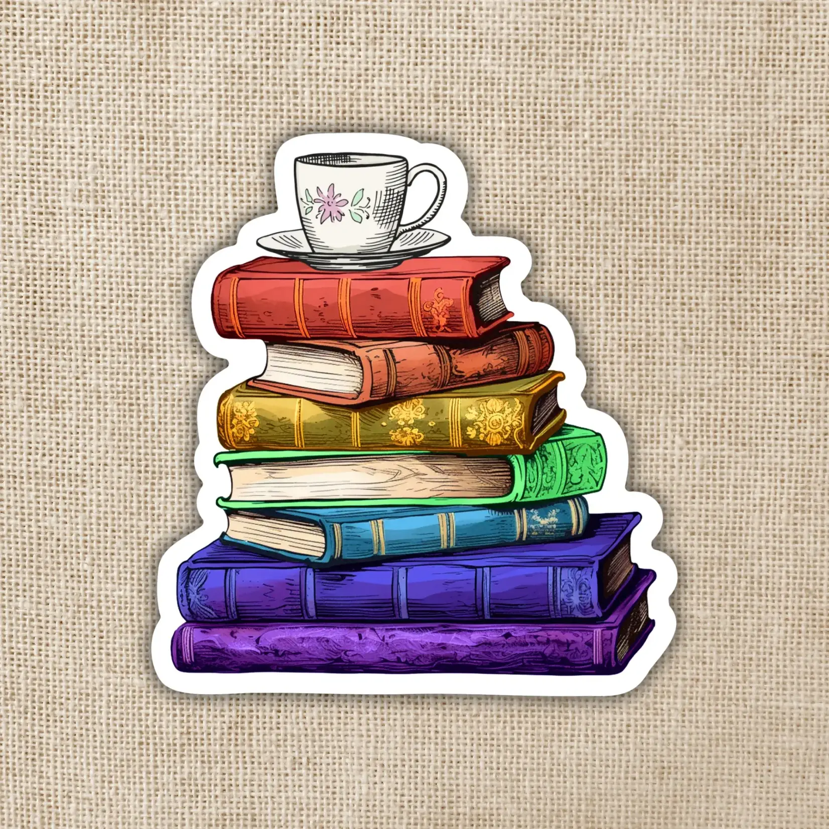 Kingdom of Threads Sticker: Vintage Rainbow Book Stack - 3"